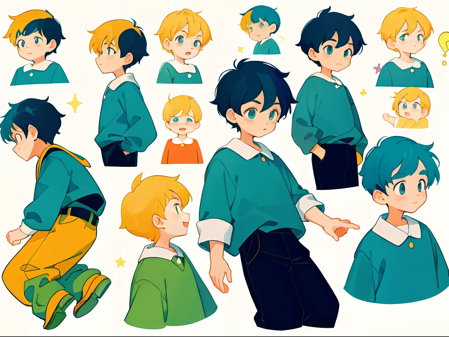 younge boy，multiple postures and expressions，Children's book illustration style，، simple，adolable，full-color，Random hair color，flatcolors，