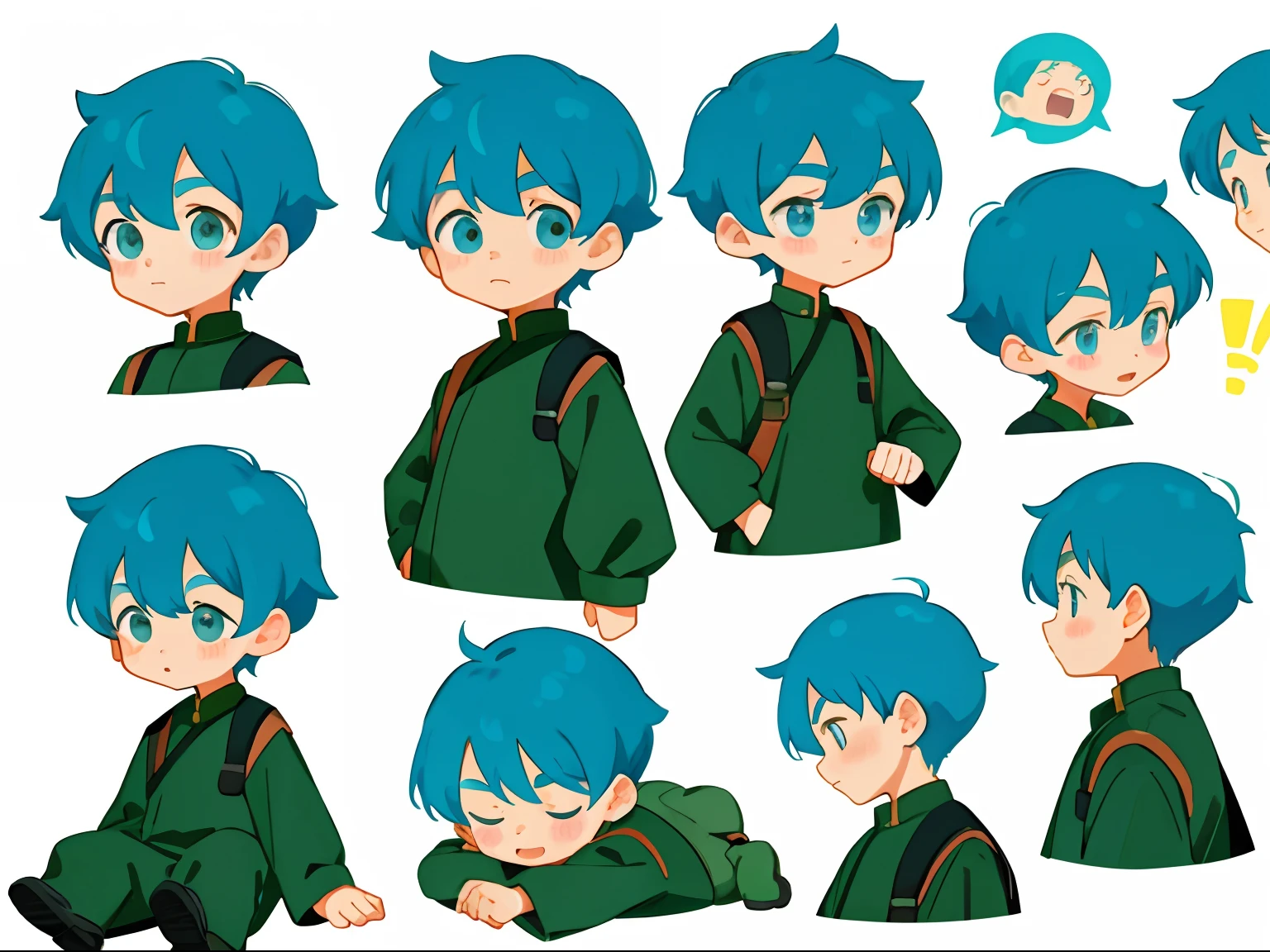 younge boy，multiple postures and expressions，Children's book illustration style，، simple，adolable，full-color，Random hair color，flatcolors，