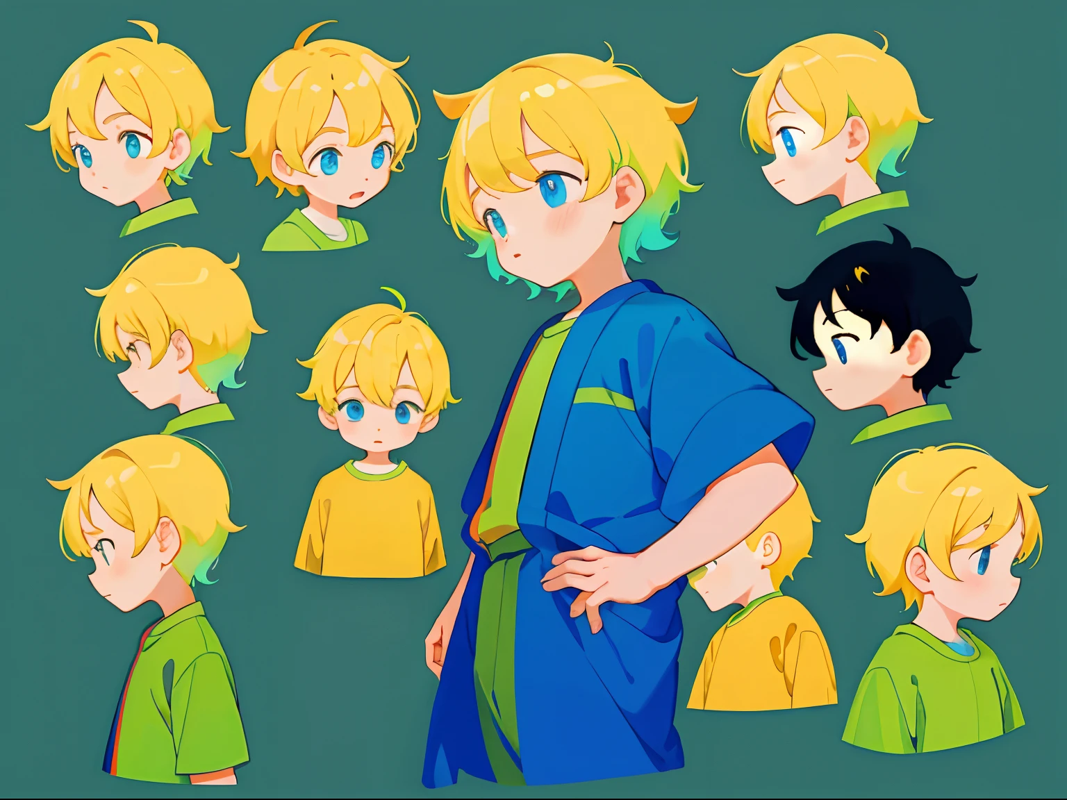 younge boy，multiple postures and expressions，Children's book illustration style，، simple，adolable，full-color，Random hair color，flatcolors，