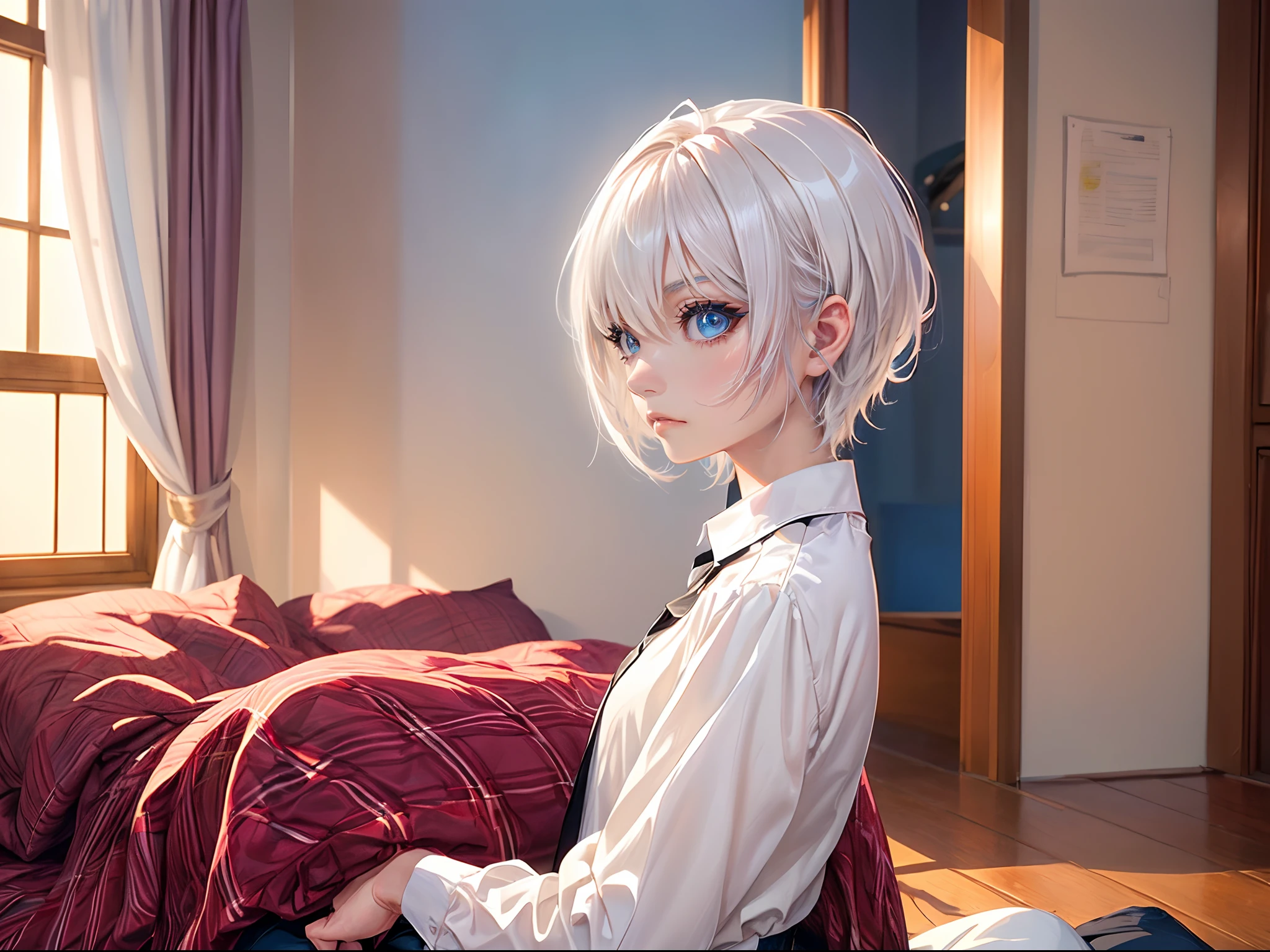 ((4K works))、​masterpiece、(top-quality)、One Beautiful Girl、Slim body、tall、((Black Y-shirt and white pants、Charming street style))、(Detailed beautiful eyes)、Bedroom in the evening、((Sunlight leaking through the window))、Shot in the bedroom、Sunset through the window、((dim room))、((Face similar to Carly Rae Jepsen))、((Short-haired white hair))、((Smaller face))、((Neutral face))、((Bright blue eyes))、((American adult women))、((Adult female 26 years old))、((cool lady))、((Like a celebrity))、((deadpan))、((Korean Makeup))、((elongated and sharp eyes))、((Happy dating))、((boyish))、((Upper body photography))、Professional Photos、((Shot alone))、((She is sleeping on a futon))、((She is elbowed on the futon))、((Shot diagonally from the side))、((Shot in close proximity to her))、((Focus zoom in))