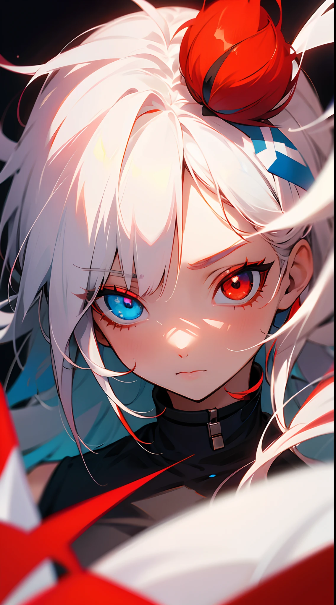 Anime girl, two-toned hair, (left red hair, right white hair), heterochromia, (left red eye, right blue eye), detailed eyes, masterpiece, high quality