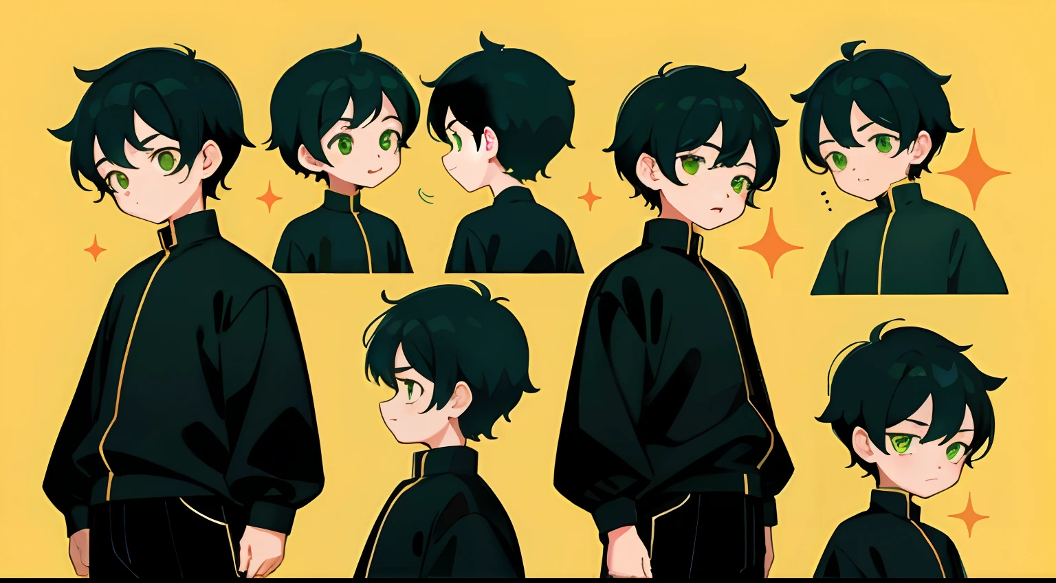 younge boy，multiple postures and expressions，Children's book illustration style，، simple，adolable，full-color，Black color hair，Green eyes，flatcolors，