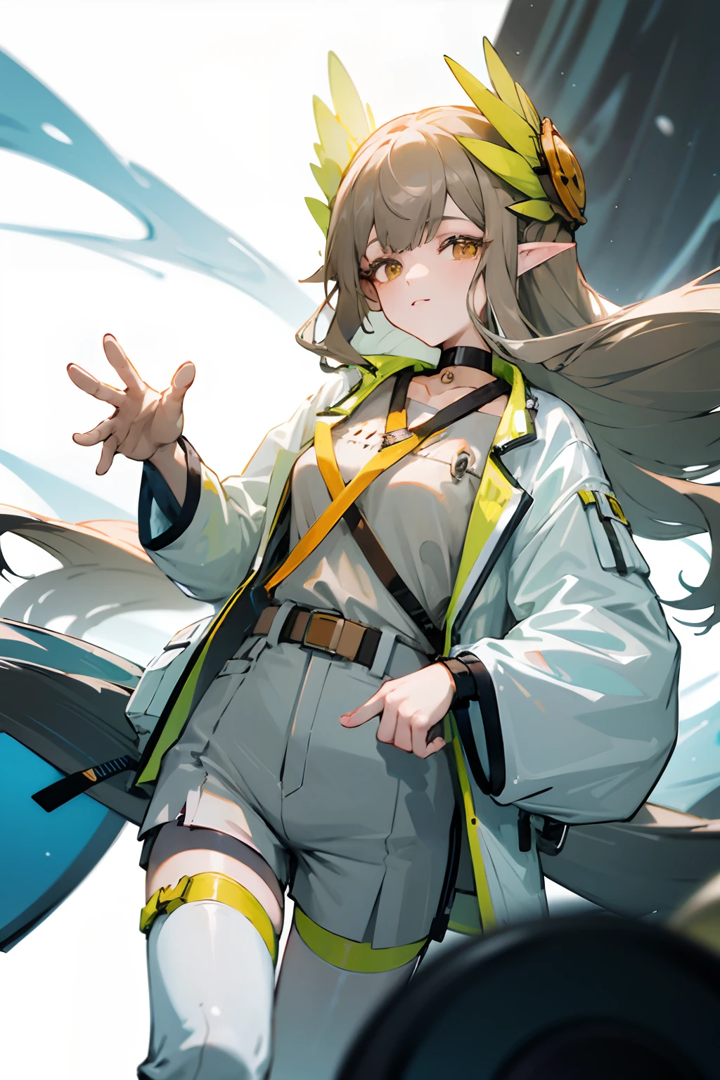 Bright colors,illumination,A girl stands in the lab,looking toward the viewer,White knee-length stockings,Open-chest sweater,shorter pants,mature,sexy for