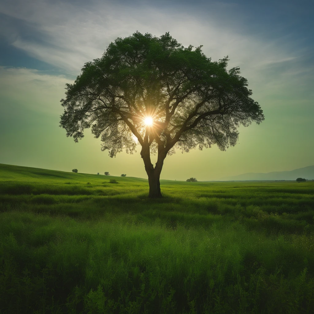head portrait,cloudless sky,The tree,Green steppe