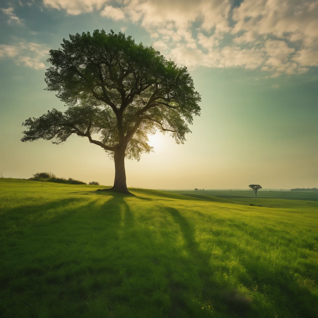 head portrait，cloudless sky，The tree，Green steppe
