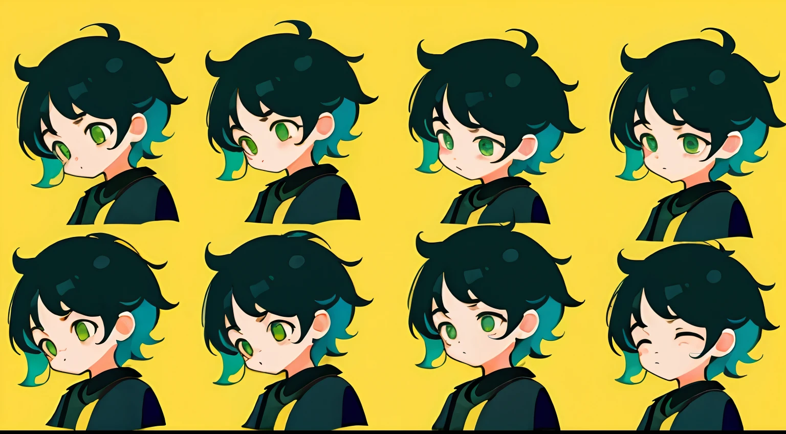 younge boy,multiple postures and expressions,Children's book illustration style,، simple,adolable,full-color,Black color hair,Green eyes,flatcolors,