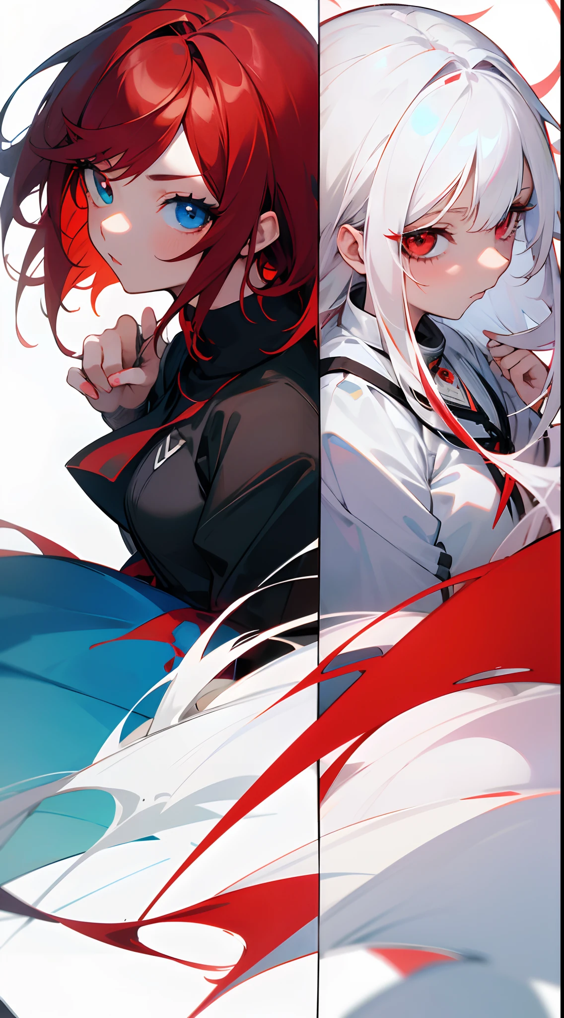 Anime girl, two-toned hair, (left red hair, right white hair), heterochromia, (left red eye, right blue eye), detailed eyes, masterpiece, high quality