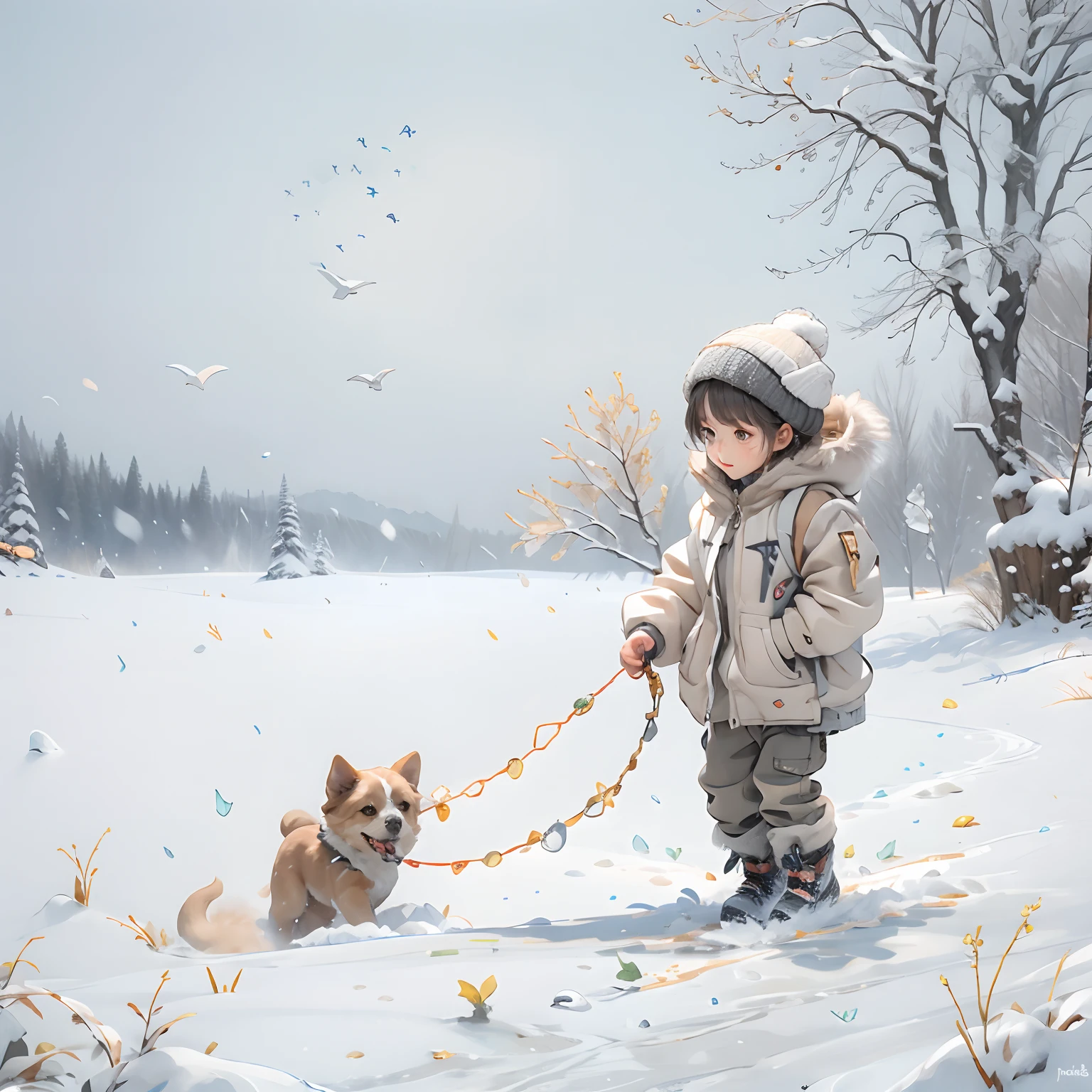 A cute little girl on the snow leads a small dog