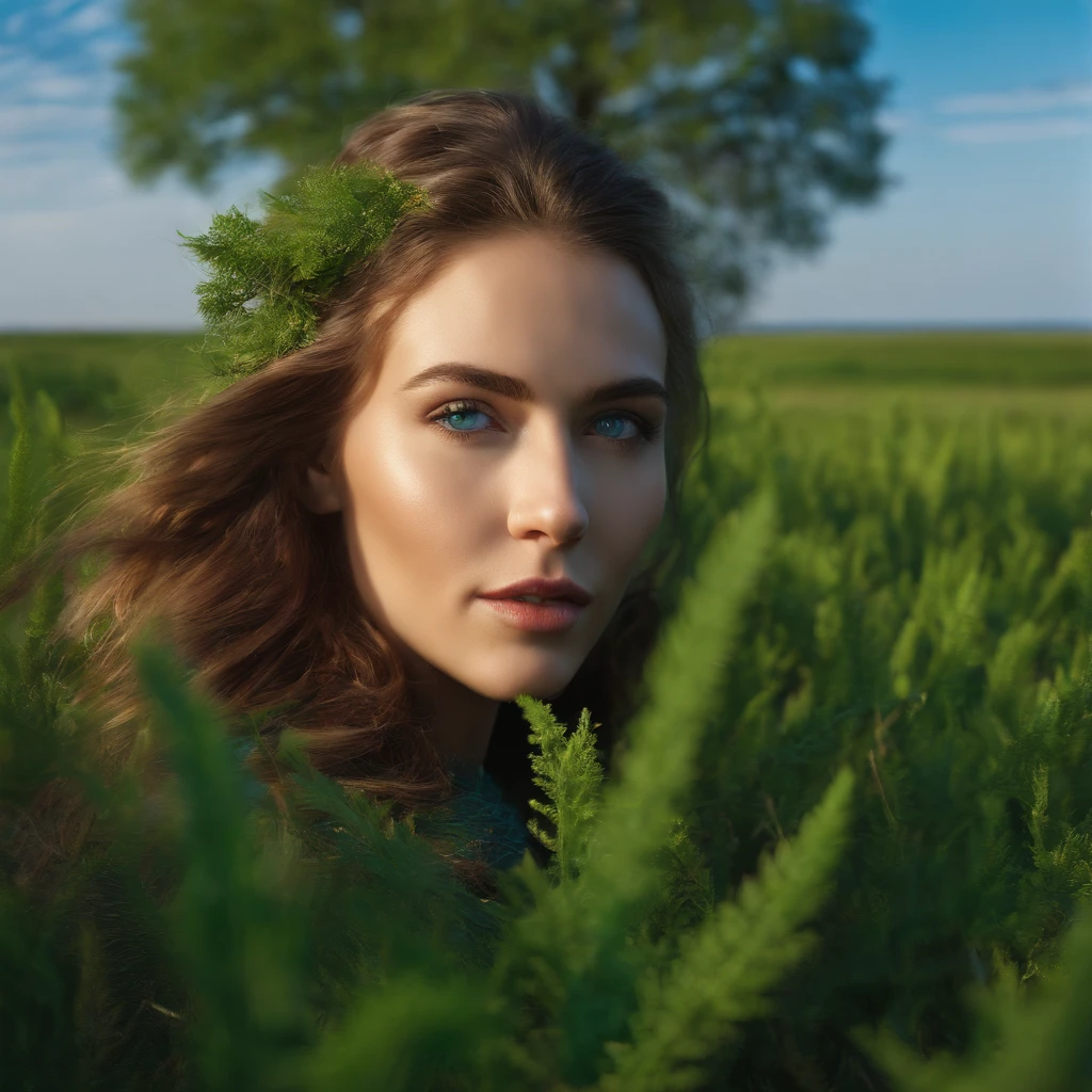 head portrait，blue open sky，The tree，Green steppe