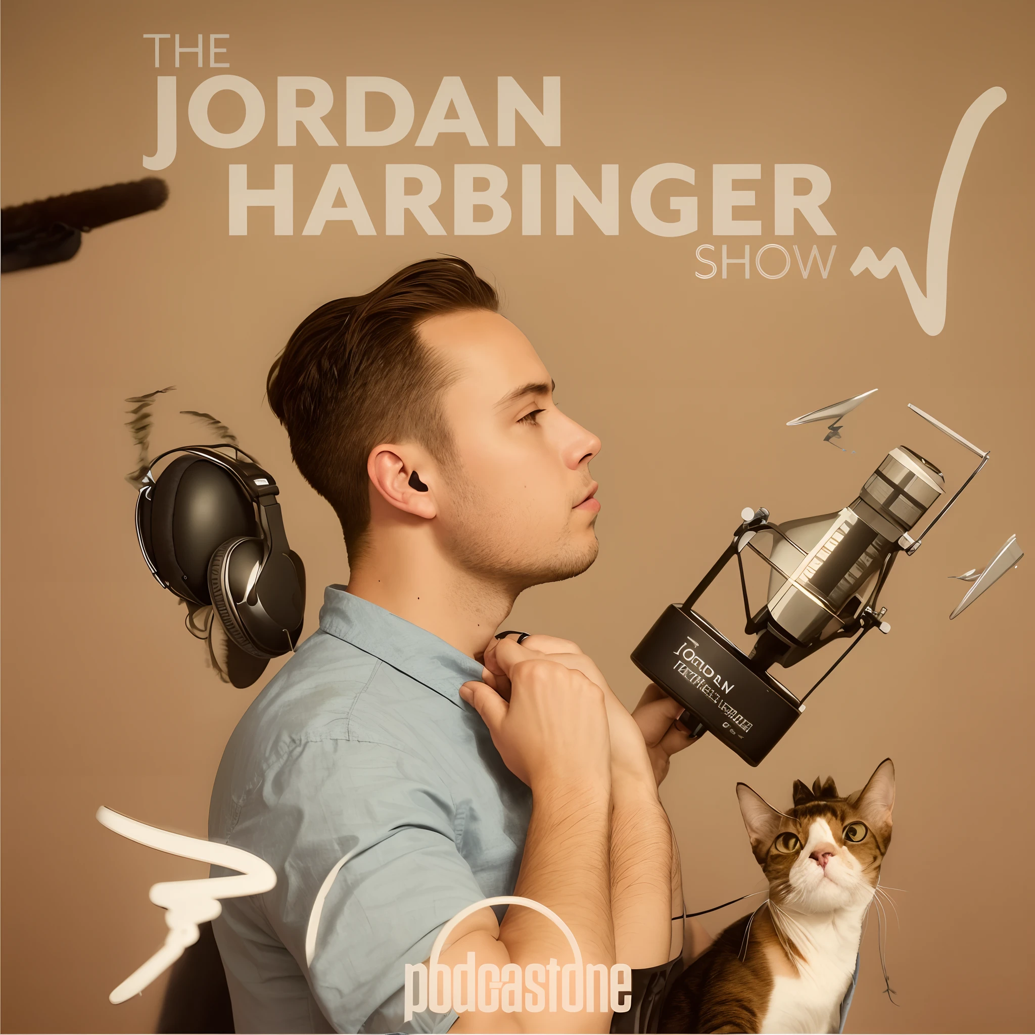 a man in a shirt and headphones is holding a cat, by Jay Hambidge, by Robert Jacobsen, gabriel hardman, by John Henderson, by Joseph Henderson, by Joseph Badger, by Jordan Grimmer, by Juergen von Huendeberg, by Marshall Arisman, by Joe Bowler, by Josh Bayer, by Jacob Steinhardt, hyper realistic, 8k
