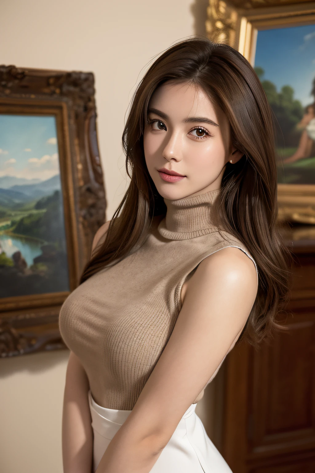 top-quality, 超A high resolution, (Photorealsitic:1.4), masterpiece, Kodak Portola 400, film grains,blurry backround,Indoors, 1girl in, sleeveless turtleneck,very very gigantic boobs, (Brown medium hair:1.3), (Look at viewers), (full body Esbian), (a closeup),Stand in front of a painting,JINS,