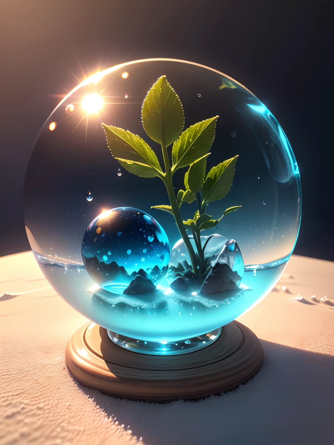 Ultra-realistic, 16K high resolution, (Max Sharp Focus: 1.3), (Max Close-up: 1.5), (Young herbs trapped in a crystal perfect ball with pedestal on table: 1.7), (Sunrise, water drops, drops, white sand: 1.5), (Blue backlight)