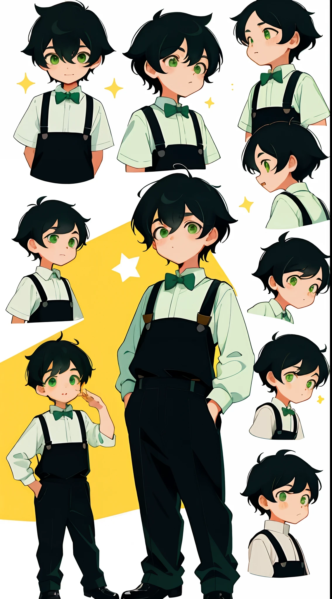 younge boy,multiple postures and expressions,Children's book illustration style,، simple,adolable,full-color,Black suspenders,Black color hair,Green eyes,flatcolors,