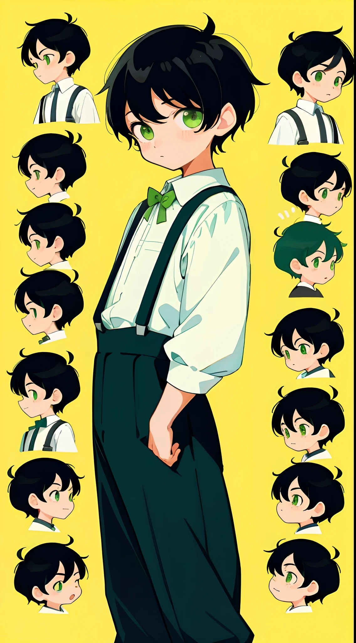 younge boy,multiple postures and expressions,Children's book illustration style,، simple,adolable,full-color,Black suspenders,Black color hair,Green eyes,flatcolors,