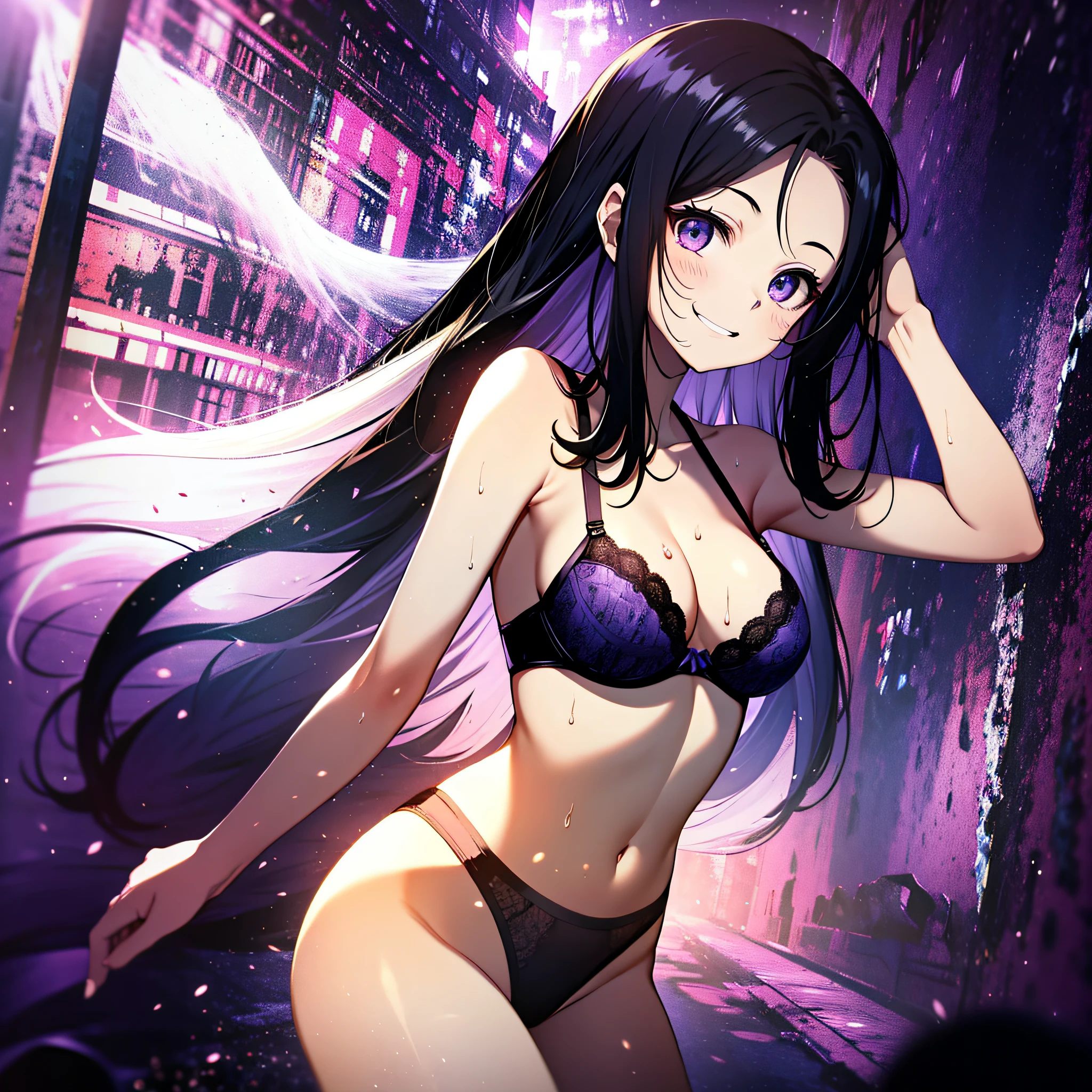 a beauty girl、home、Shy face、Short Bob、Cute underwear、White bra、White panties、Panchira、bare-legged、Half off panties、Buttocks、Sprawl、M-shaped legs、yoga pose、perspiring、Love juice、juice、(masutepiece:1.3), (Best Quality:1.3), High resolution, Couboy Shot, Spinning Pose、stick out chest.、I have a big smile on my face.....、Surprised expression、Spread your arms、Hair color is purple、Long hair、Blue Mesh、blacklight、huge smile、 (One Cute Girl:1.3), 、Long hair, hair so thick that you can see your forehead, Small breasts, Wet