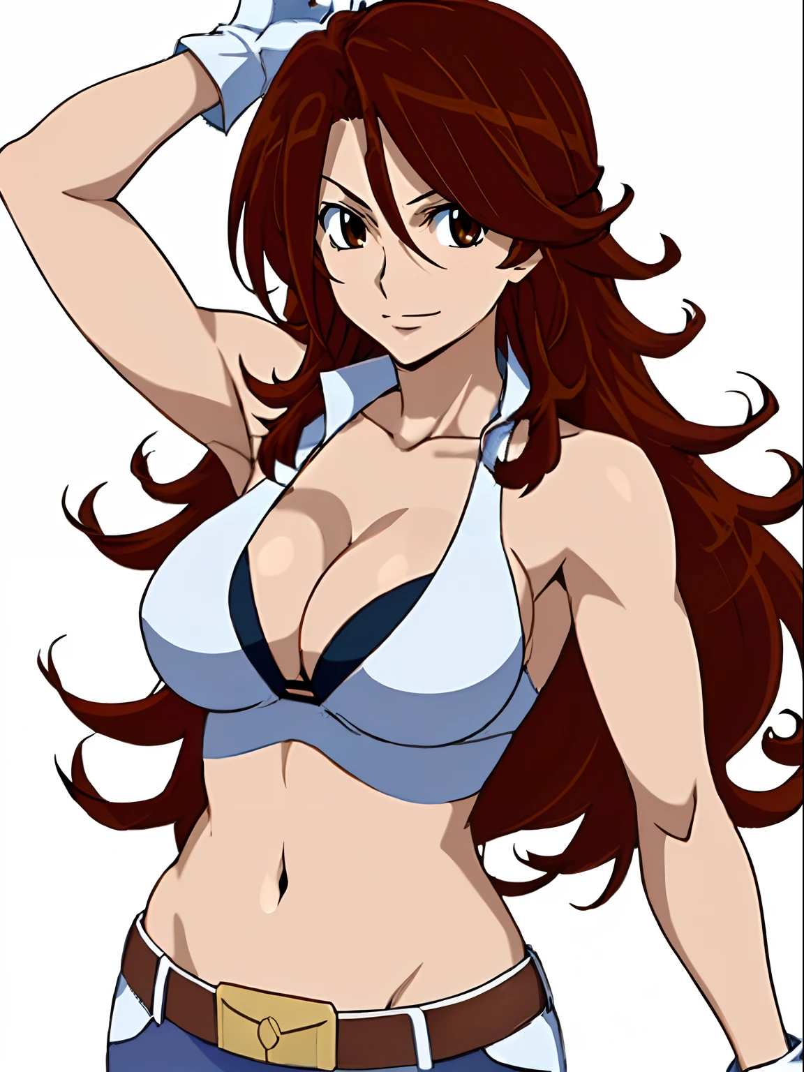 Flexing arm muscles, Karate stance, ((solo)), Best Quality, hires, curvy midsection, (tilt head, defined weak muscles, detailed muscles), smile, happy), upper body only, anime style: 1.8, anime drawing, ultra detailed face, ultra detailed body, 4k, Sumergai Lee Noriega, (standing), best quality, anime style, hires, highest definition, digital blending, bold drawing lines, (((White Background))), ( (defined muscles), long attractive belly, slim body, ((strong arm muscles)), broad shoulders , off-shoulders, closed fists, (slutty bra, shorts, white gloves, , arm band, (champion belt))), (large breasts, defined cleavage, closed mouth, sexy navel, shiny skin), (big eyes, brown eyes, shiny eyes), (reddish hair, loose hair, curly hair, wavy hair, long hair, floating hair)