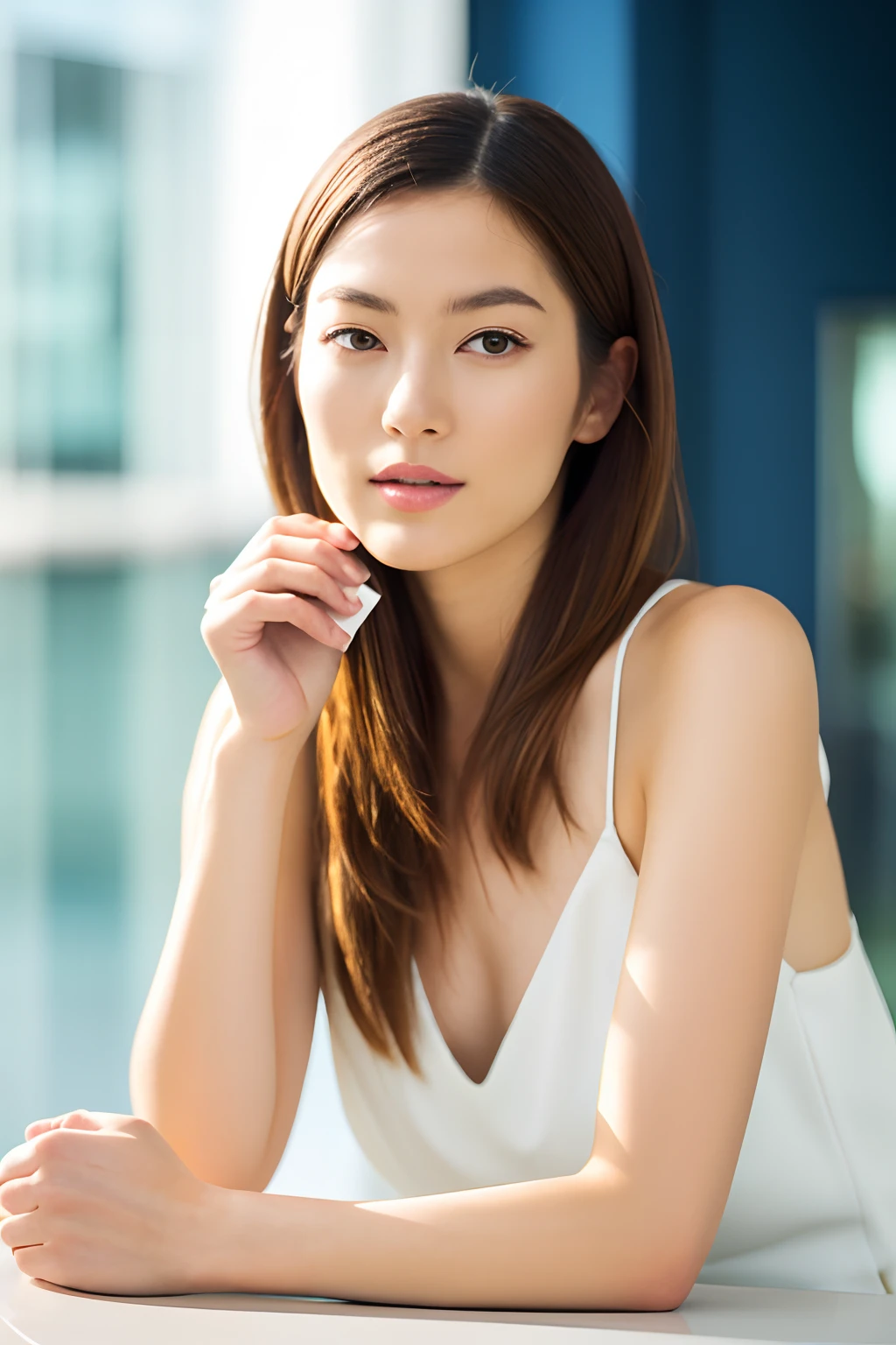 of the highest quality, Very high resolution, (Photorealistic:1.4), Raw photo, Japanese, 1 asian lady, Delicate and beautiful woman, bobhair, Delicate body, Elegant beauty, Shiny skin, Nice (white: 1. 4), Solo, (Pleated accent: 1. 3), (Dynamic Pose: 1), Fashion brand ZARA, White background (Dynamic Pose: 1), Fashion brand ZARA, Drink coffee in a café