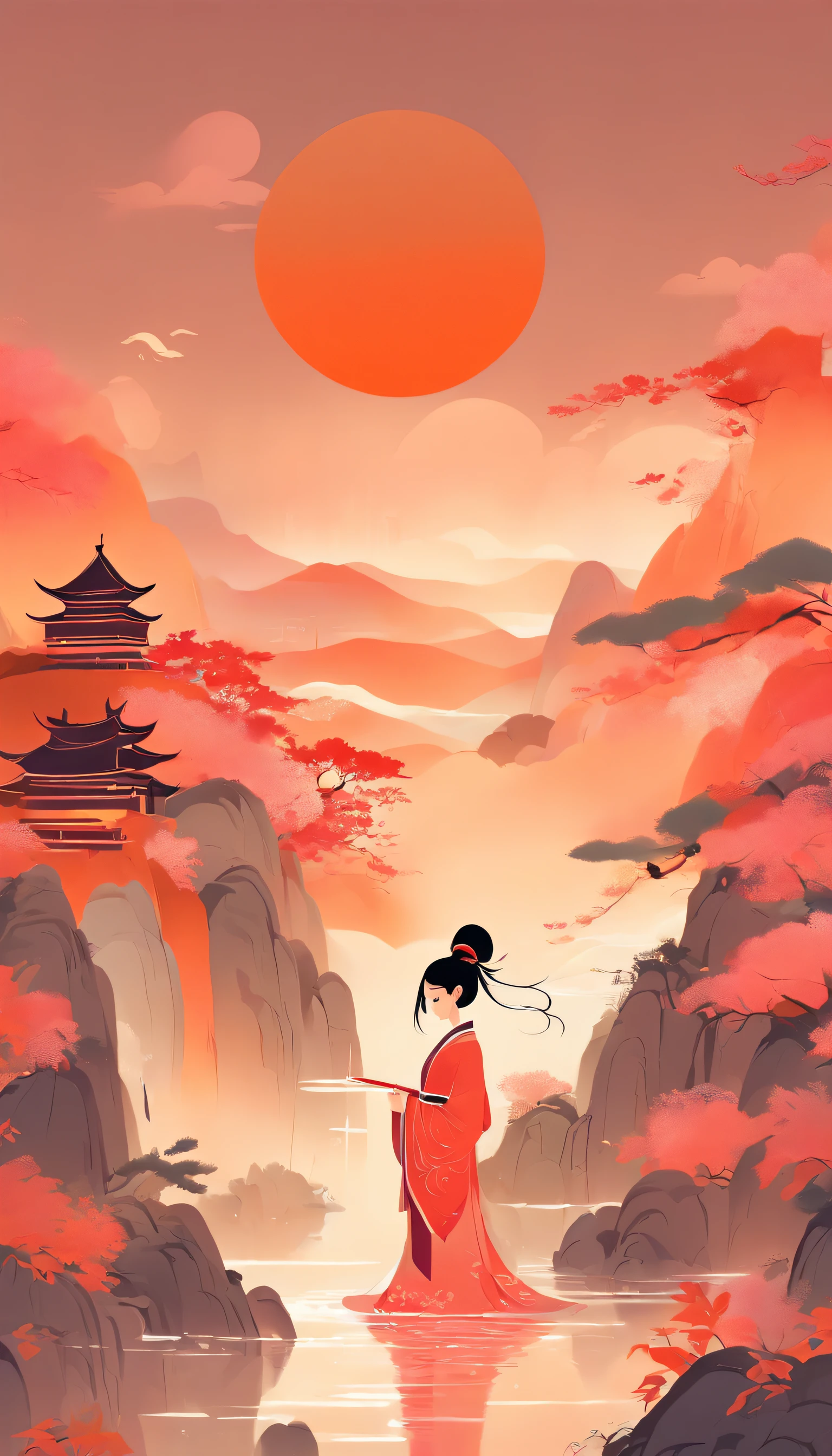 A Chinese woman,Chinese landscape, abstract paintings, Zen, Amy Sol style, Cover art with light abstraction, Simple vector art, Contemporary Chinese art, full moon in the middle, Gradient of color, Soft color palette, layered forms, Whimsical animation, The style is ethereal and abstract