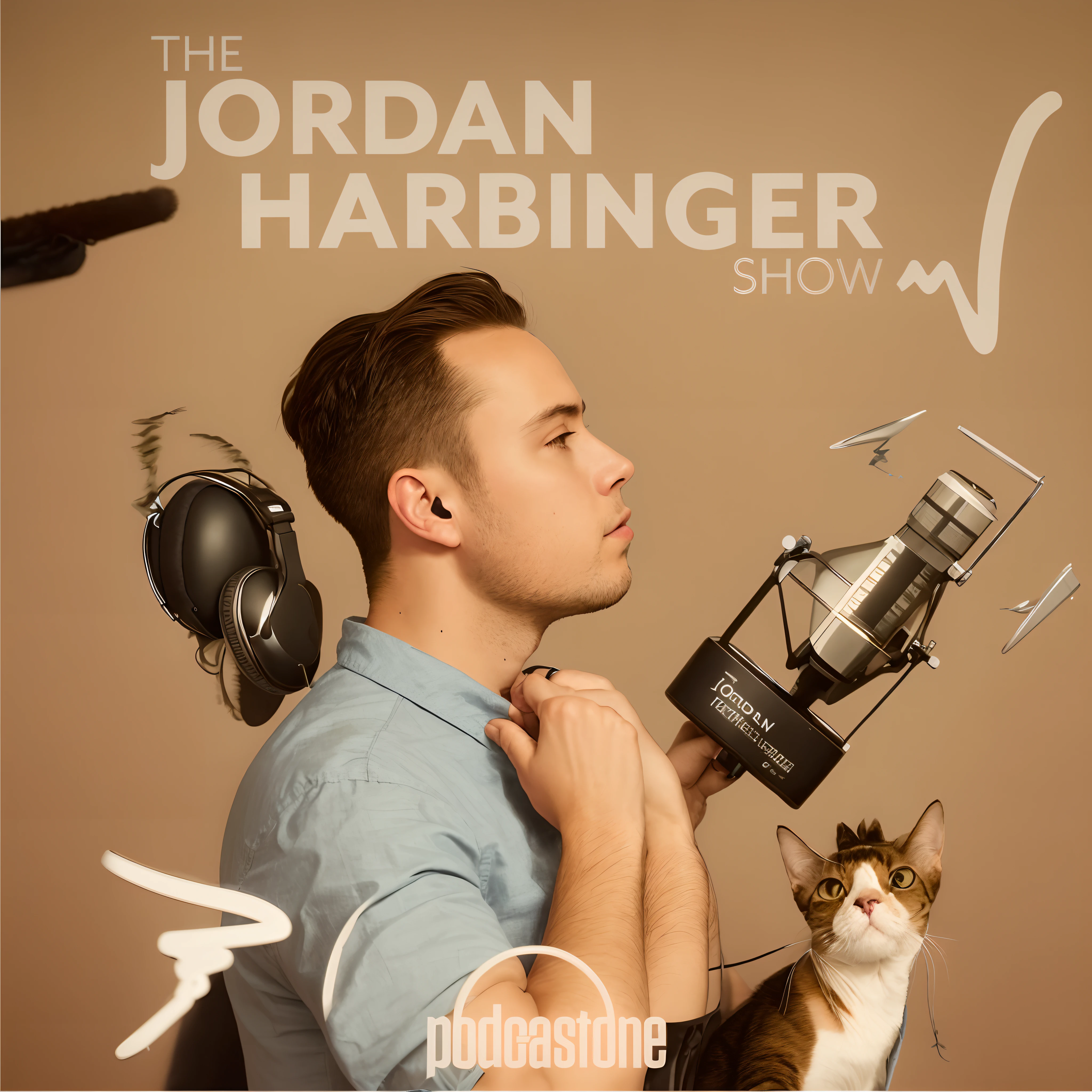 a man in a shirt and headphones is holding a cat, by Jay Hambidge, by Robert Jacobsen, gabriel hardman, by John Henderson, by Joseph Henderson, by Joseph Badger, by Jordan Grimmer, by Juergen von Huendeberg, by Marshall Arisman, by Joe Bowler, by Josh Bayer, by Jacob Steinhardt, hyper realistic, 8k
