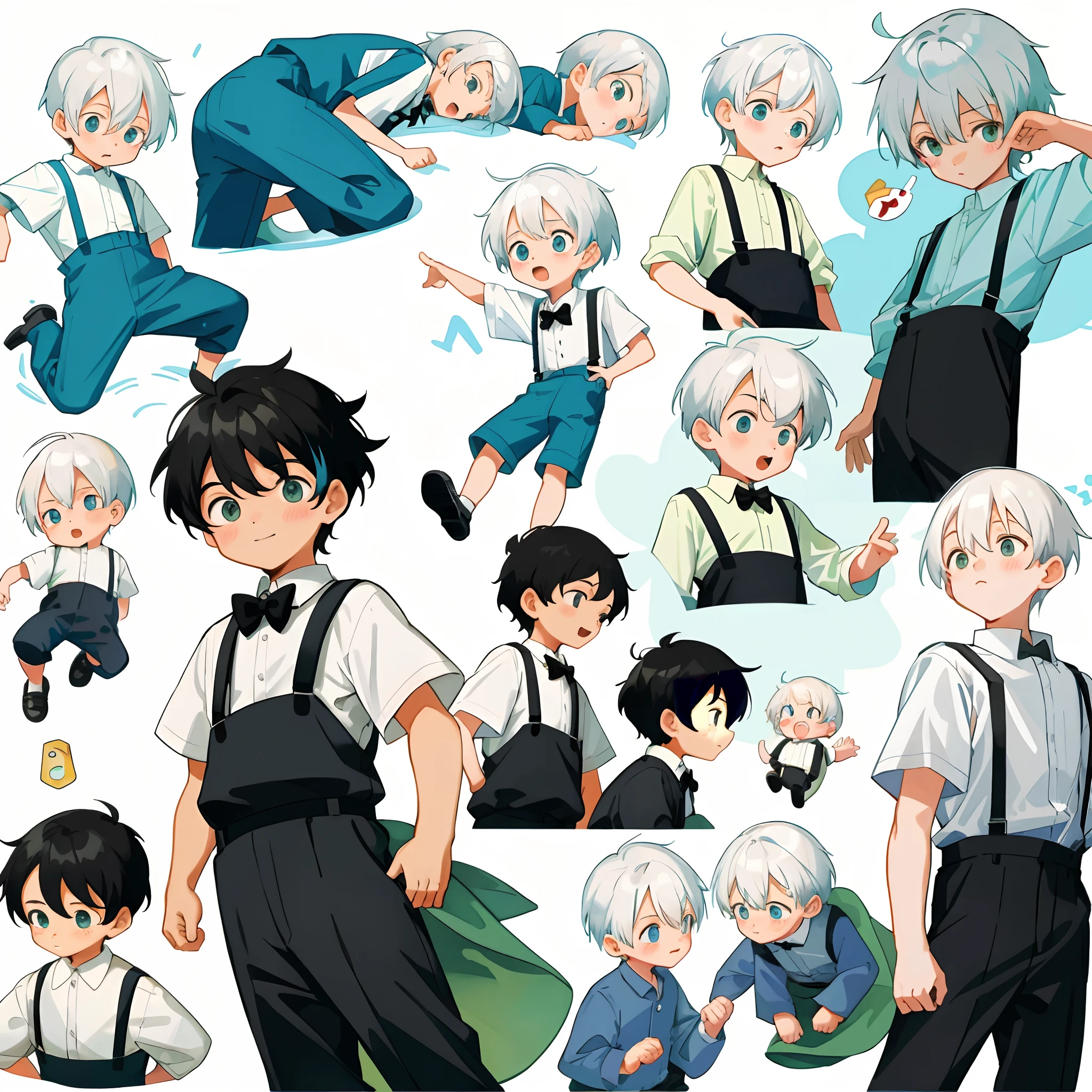 younge boy，multiple postures and expressions，Children's book illustration style，، simple，adolable，full-color，Black suspenders，White color hair，flatcolors，