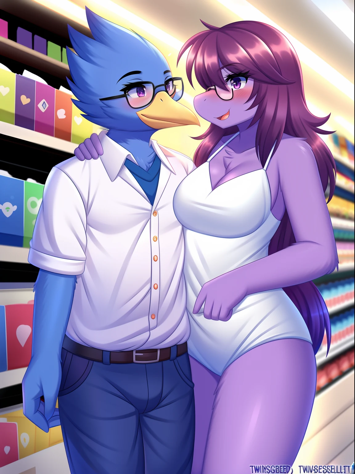 Berdly from Deltarune, glasses, (Berdly:0.8), blue body, male, (beak), (detailed eyes), 1boy, (cute, masterpiece, best quality:1.0), 1girl, Susie from Deltarune, female, (Susie:0.8), purple body, white uniform, curvy,(1girl1boy), (duo), (soft lighting), (soft colors:0.5), dreamy lighting, store, (artist:twistedscarlett60:1.0)