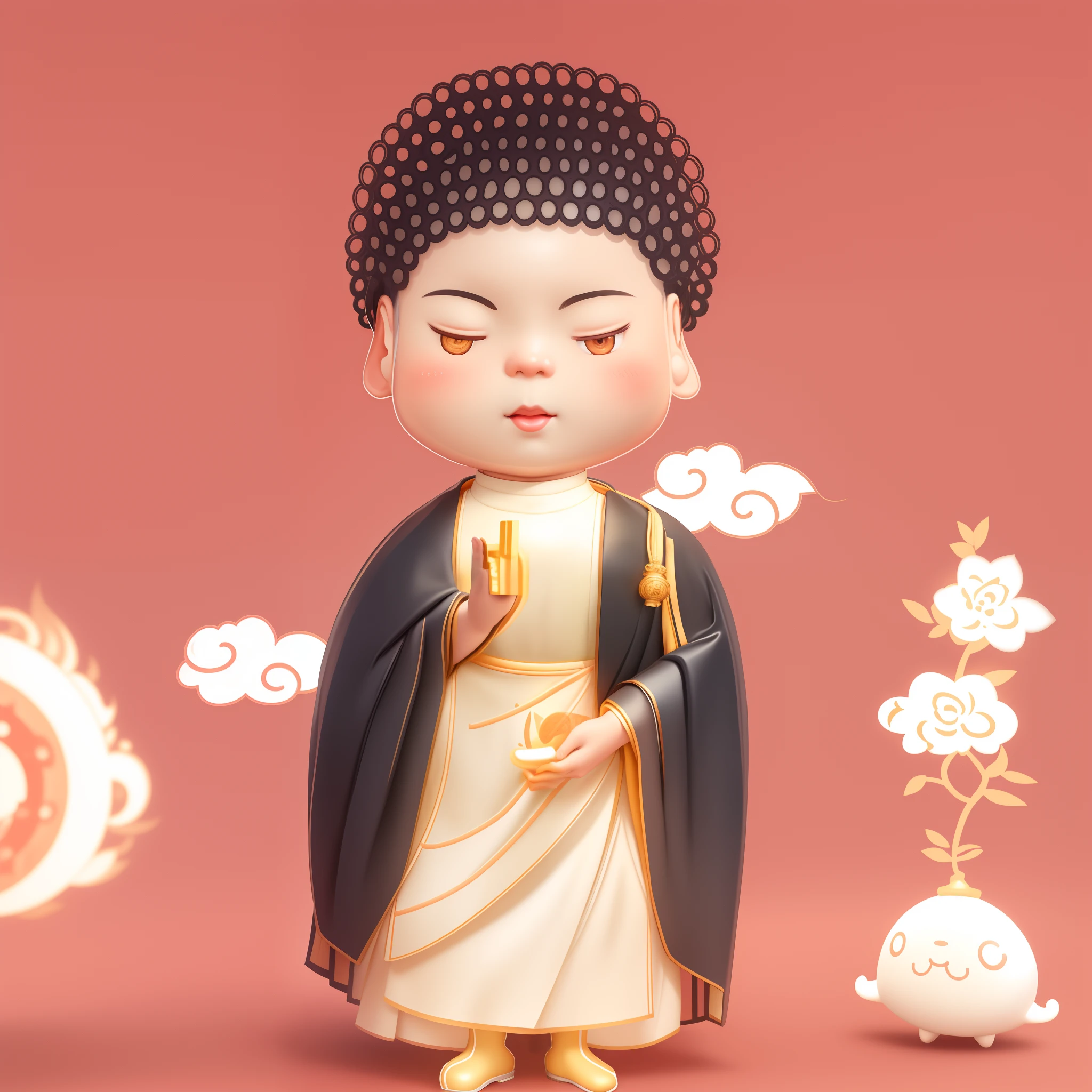 ultraclear，k hd，Pubic area is clear，A cartoon，yellow clothing，Red skirt，Stand up，Ancient Guanyin，Black color hair，Black color hair，adolable，Meat toot，Be kind，A man in traditional clothing stands on the ground,  adolable，bodhisattva，C4D，ip，Q version，Sit Pose，Cute blush，China-style，Daisaku，ancient china art style, , Wearing ancient Chinese clothes, Rich in color，Clean background，The background is clean，Shakyamuni Buddha，Cartoon Cute，身披袈裟