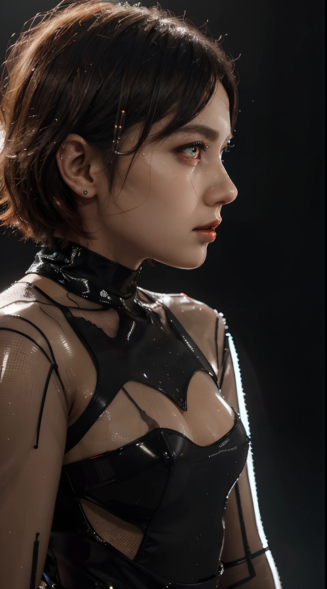 Highest quality,The perfect masterpiece,Perfect artwork,Official Works,8K,, (Upper Body Portrait:1.3),((Seen from the side:1.5)),close-up lens,Delicate face,, ,White-haired girl,(hakuhatsu:1.5),short and medium hair, massive perfect breast, muscular body,((red transparent eyes:1.5)),(black dress:1.2),(Transparent clothing:1.2),(Black background:1.3),, pearl illusion,Cyberpunk,fashion trend,3s material,high-definition,detail representation,c4d,3D,octane rendering,ray tracing,complex details,animated lighting,OCrenderer,