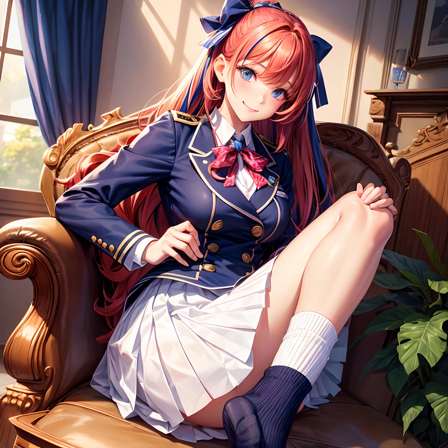 a beauty girl，Ribbon on uniform，Cute Uniform，blazers，A smile，girl，top-quality，Colossal tits，​masterpiece，Excellent style，Erotic Cute，超A high resolution，beautiful a girl，Lovely girl，multicolored hair，Loose socks，HD image quality，Beautiful eyes，Perfect Beautiful Girl，