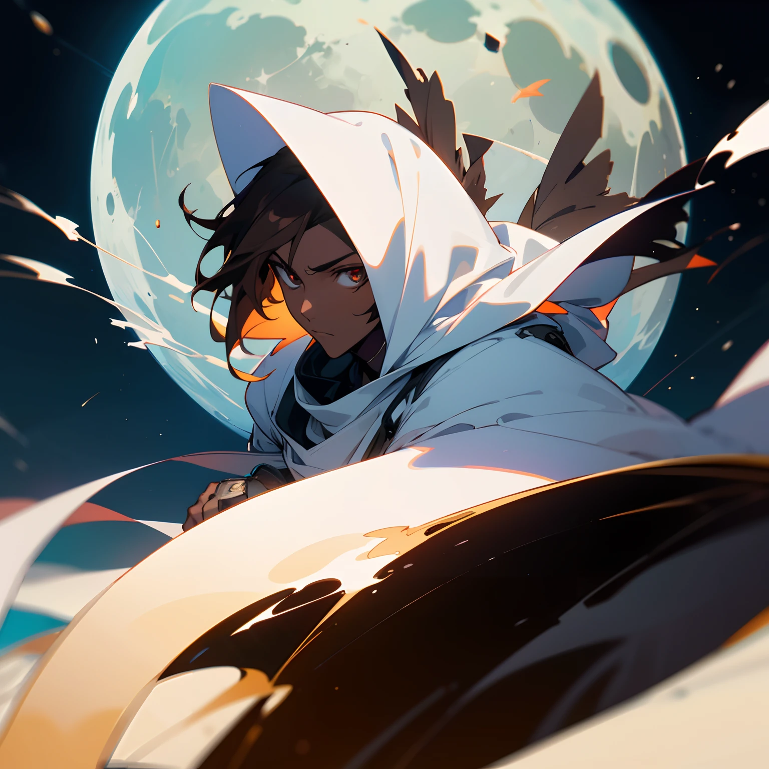 Masterpiece, highres, High quality, Dark skin teen, male, slightly buff, medium dark brown hair hair, big innocent sliver eye's, wearing a black full body exosuit, six white long torn scarf, hooded white cloaks, floating on the moon, floating, looking at planet earth, White wrist guards, dramatic shot, close up|portrait