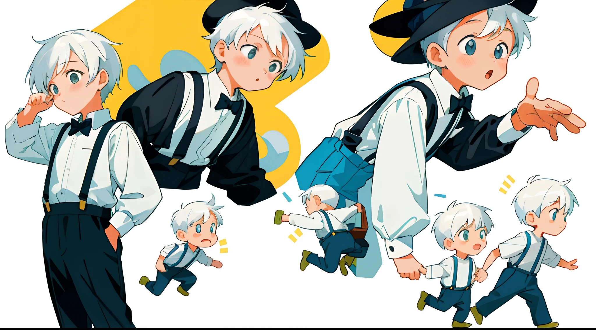 younge boy，multiple postures and expressions，Children's book illustration style，، simple，adolable，full-color，Black suspenders，White color hair，flatcolors，