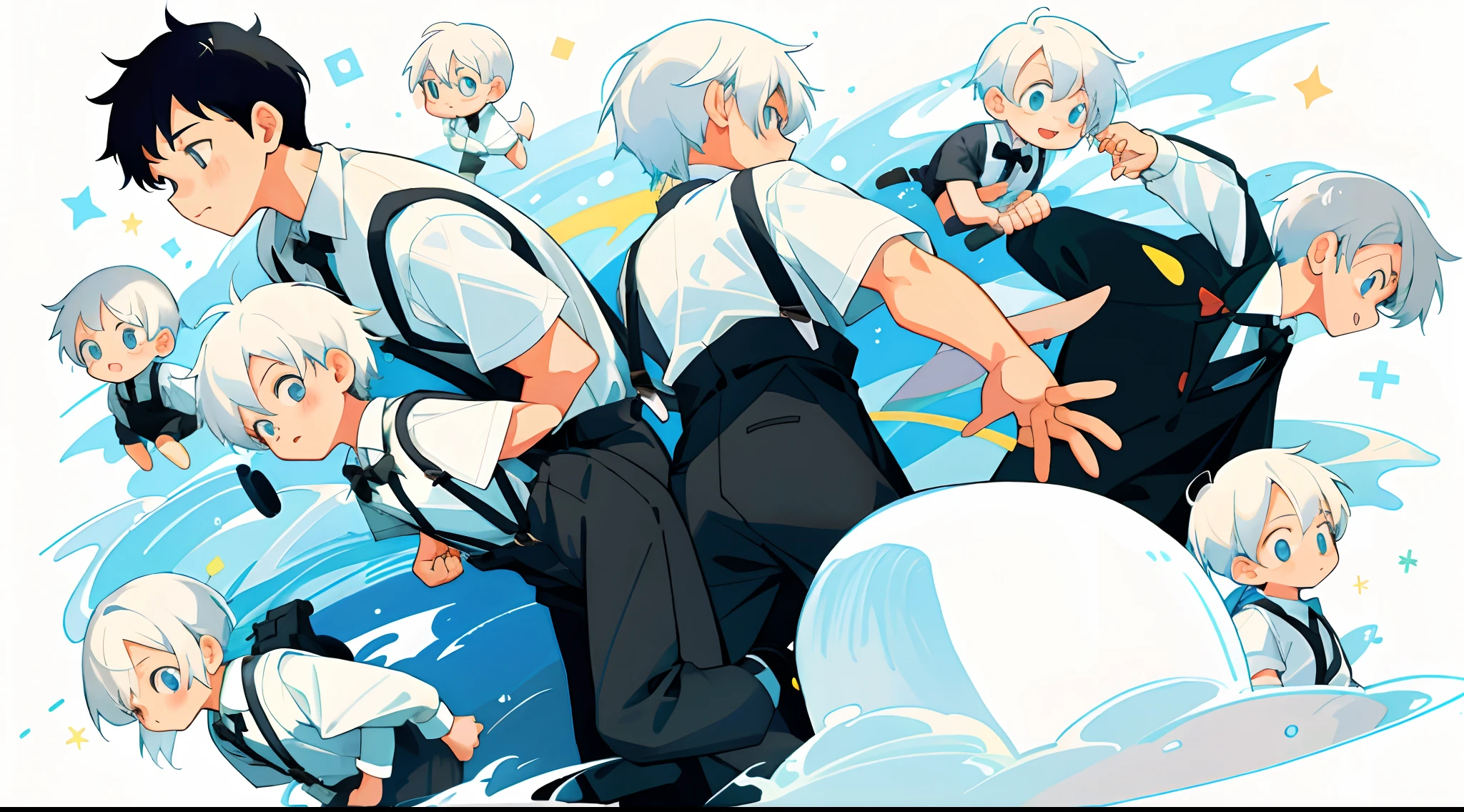 younge boy，multiple postures and expressions，Children's book illustration style，، simple，adolable，full-color，Black suspenders，White color hair，flatcolors，