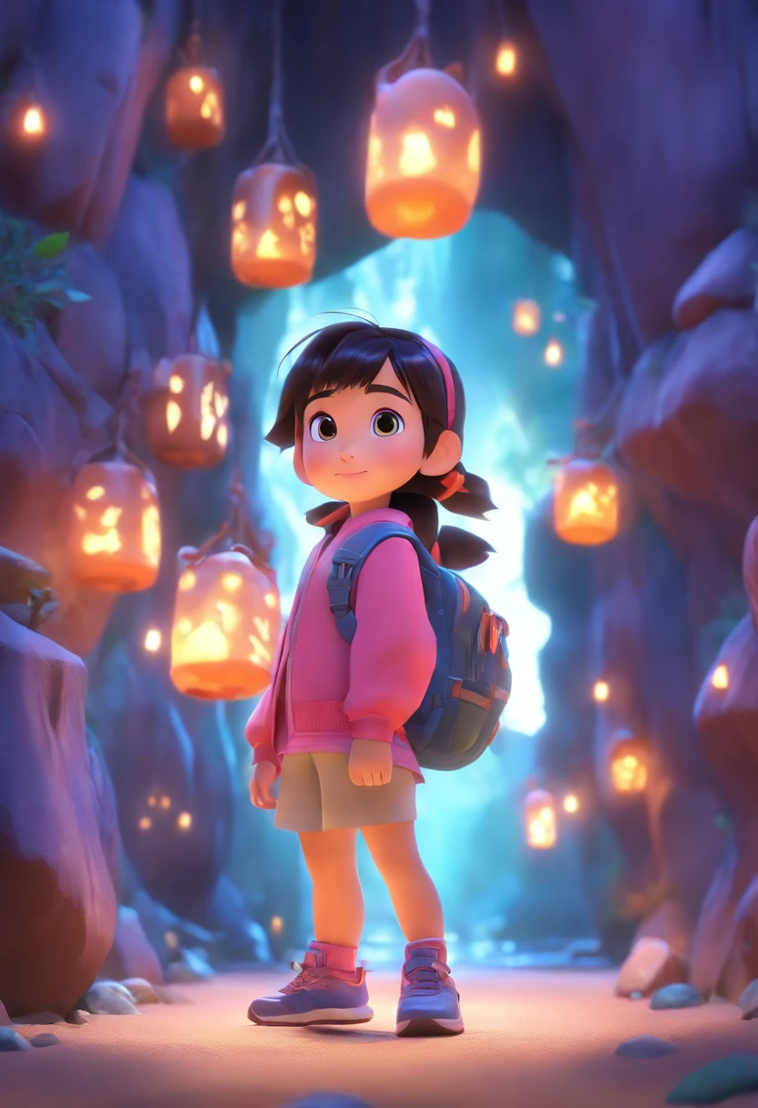 (Pixar style),A -year Chin girl,Dangerous caves,backpacks,Miniature character model, Light source from right to left, Rum lighting, Light source from right to left, Realistic proportions, Post-processing, ((Orthogonal perspective)), Super detail, Realistic, Super realistic, photoreal render,