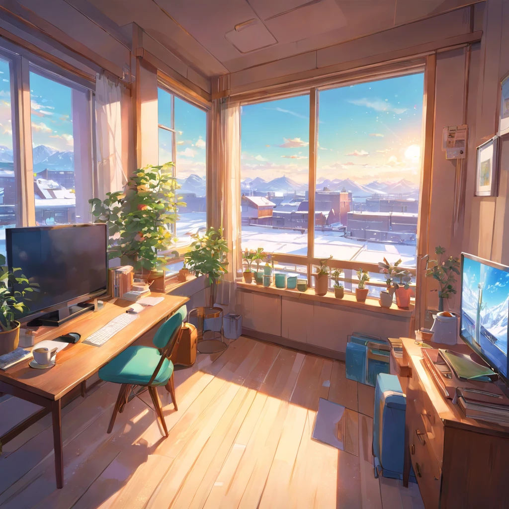 In the middle is the window sill,On the left is the outside wind and snow,On the right is the interior is warm,The air conditioner blows hot air, 3D, 8K, Highly detailed, digitial painting, , illustration, art, 3D style Pixar animation,