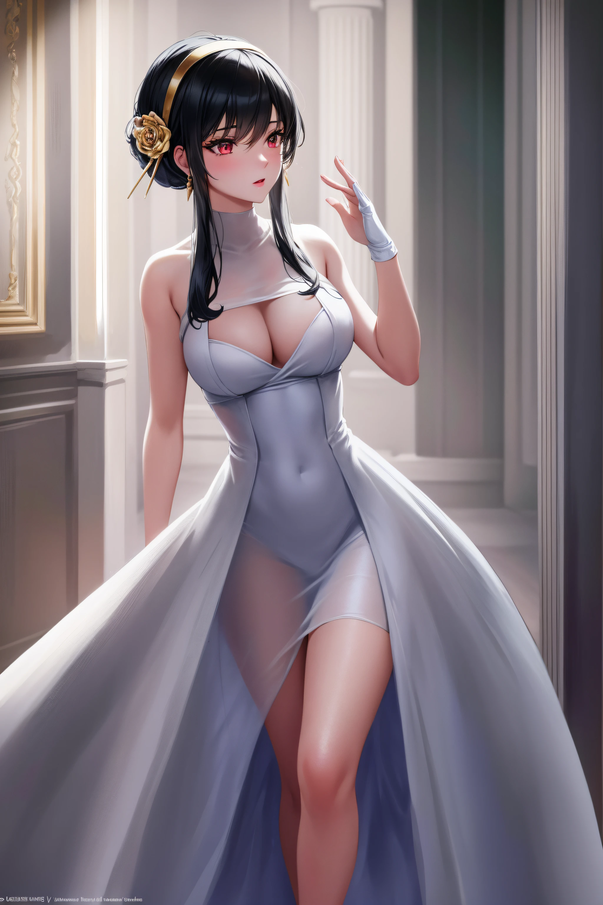 in a dark room with columns and lights behind her,
Standing, at attention,
wearing white_dress,wedding_dress,bridal_veil,bare_shoulders,elbow_gloves,
aayorf, sidelocks, gold hairband, hair ornament, red eyes, gold earring,
1 girl, 20yo,mature female,Beautiful Finger,Beautiful long legs,Beautiful body,Beautiful Nose,Beautiful character design, perfect eyes, perfect face,
looking at viewer,
NSFW,official art,extremely detailed CG unity 8k wallpaper, perfect lighting,Colorful, Bright_Front_face_Lighting,
(masterpiece:1.0),(best_quality:1.0), ultra high res,4K,ultra-detailed,
photography, 8K, HDR, highres, absurdres:1.2, Kodak portra 400, film grain, blurry background, bokeh:1.2, lens flare, (vibrant_color:1.2)
(Beautiful,medium_Breasts:1.4), (beautiful_face:1.5),(narrow_waist),(perfect hands, perfect anatomy),