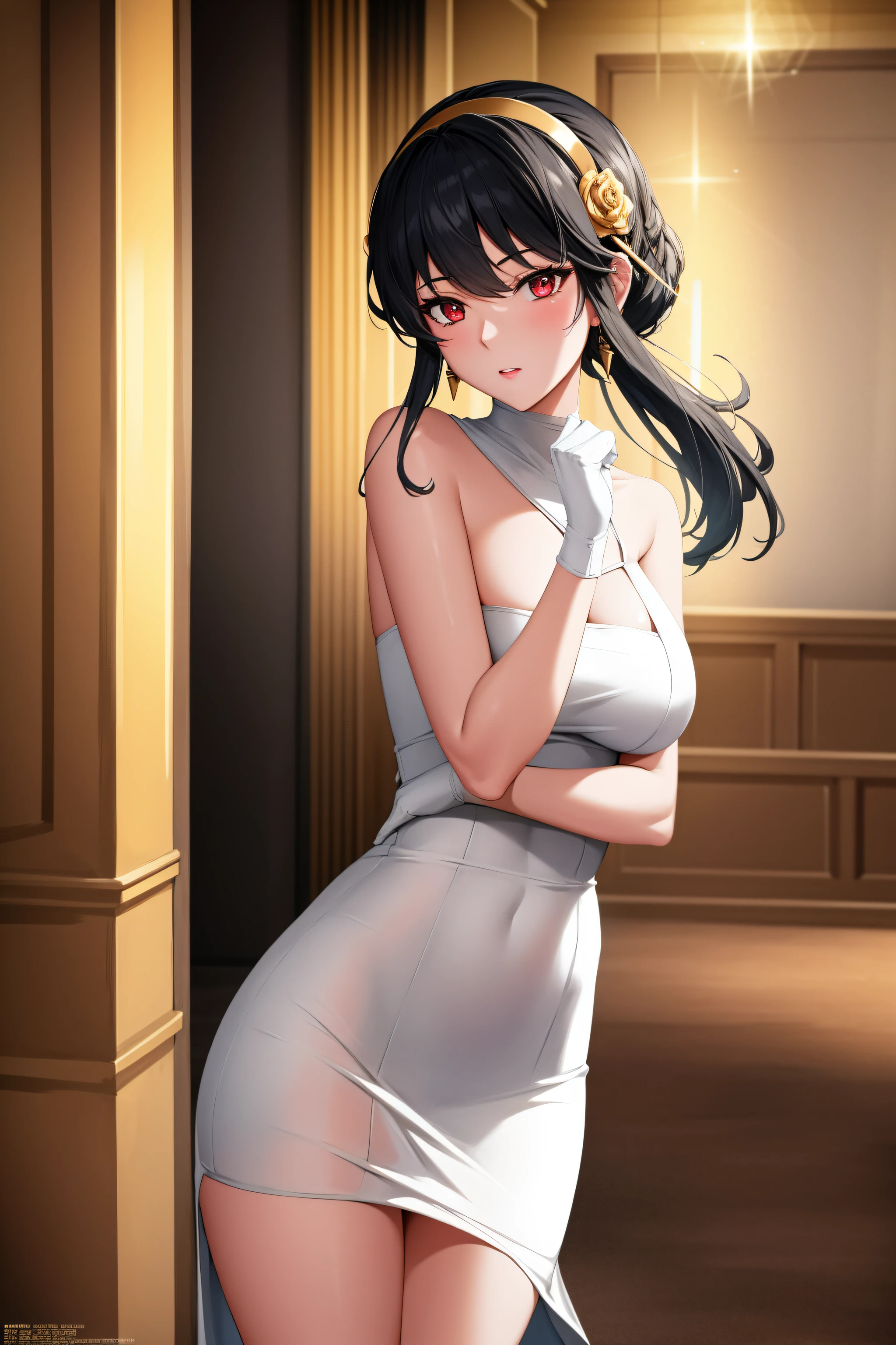 in a dark room with columns and lights behind her,
Standing, at attention,
wearing white_dress,wedding_dress,bridal_veil,bare_shoulders,elbow_gloves,
aayorf, sidelocks, gold hairband, hair ornament, red eyes, gold earring,
1 girl, 20yo,mature female,Beautiful Finger,Beautiful long legs,Beautiful body,Beautiful Nose,Beautiful character design, perfect eyes, perfect face,
looking at viewer, 
NSFW,official art,extremely detailed CG unity 8k wallpaper, perfect lighting,Colorful, Bright_Front_face_Lighting,
(masterpiece:1.0),(best_quality:1.0), ultra high res,4K,ultra-detailed,
photography, 8K, HDR, highres, absurdres:1.2, Kodak portra 400, film grain, blurry background, bokeh:1.2, lens flare, (vibrant_color:1.2) 
(Beautiful,medium_Breasts:1.4), (beautiful_face:1.5),(narrow_waist),(perfect hands, perfect anatomy),