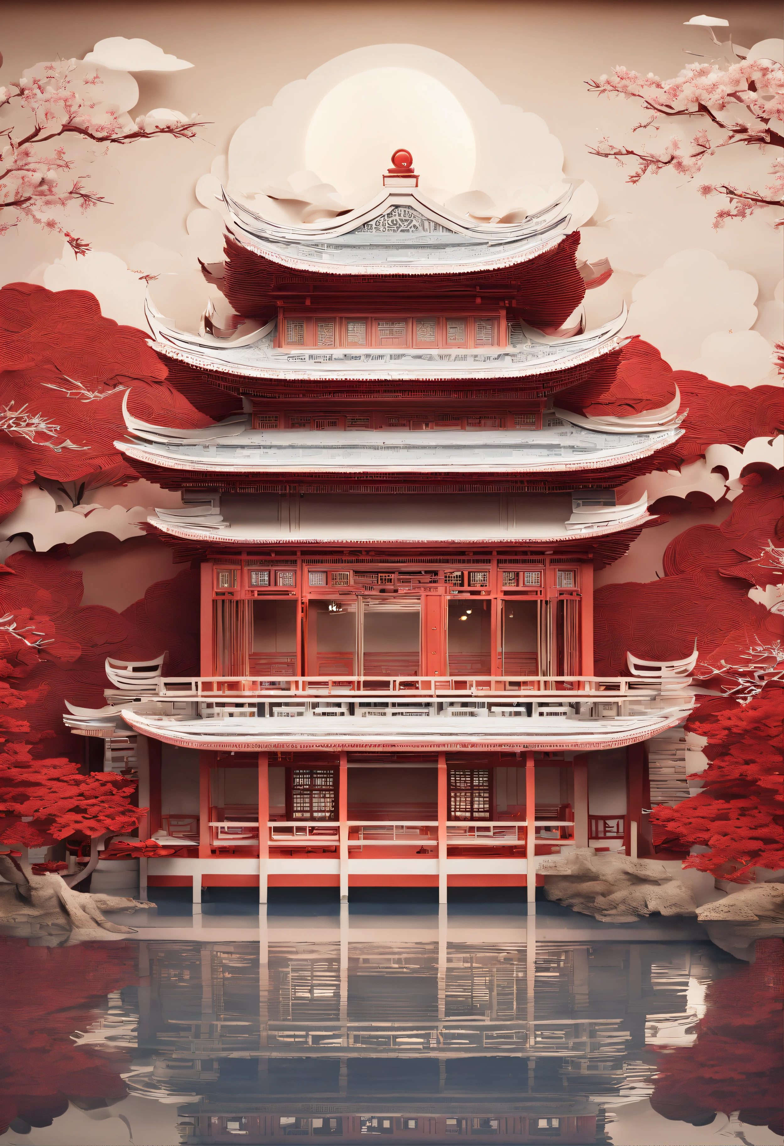 Masterpiece, Traditional Chinese style house,beautiful render of a fairytale, In the style of paper art, painting of beautiful, beautiful as the moon, A very complex masterpiece, Beautiful and intricate red masterpiece, multi-layer, mysterious, Castle