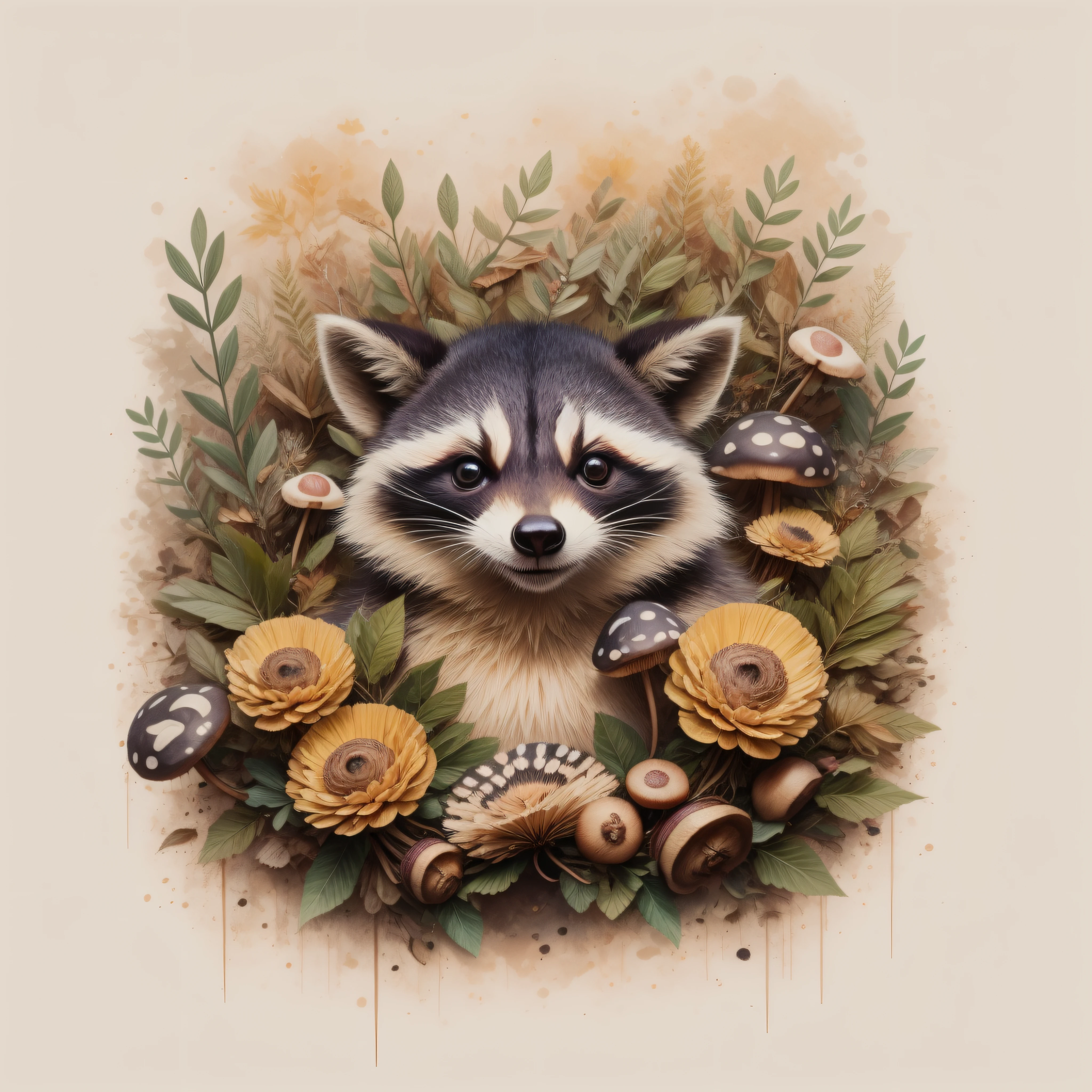 There's a raccoon in a pile of leaves and mushrooms, conejo caprichoso,Ethereal Raccoon, por Jeka Kemp, Beautiful autumn spirit, autumn, Raccoon illustration, por Andrée Ruellan, lindo mapache, por Caroline Chariot-Dayez, Animal mapache, Teniente Zofia Stryjenska, El encantador mapache peludo, Inspirado en Nicoletta Ceccoli