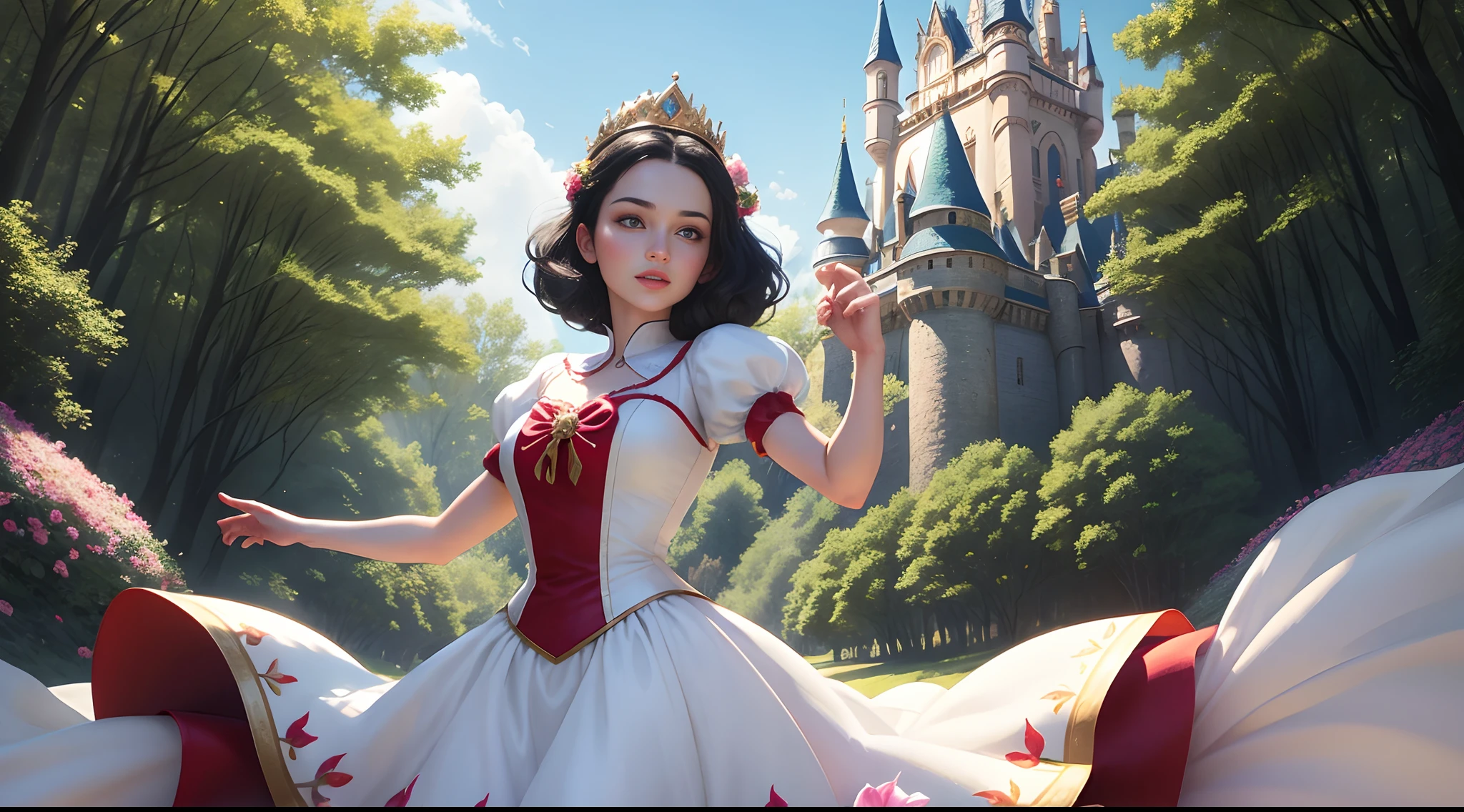 Snow White Disney Princess wearing a crown in the forest, dancing first-person view. Many flowers of various colors. A sunny day. with a fairytale castle in the background, from outside