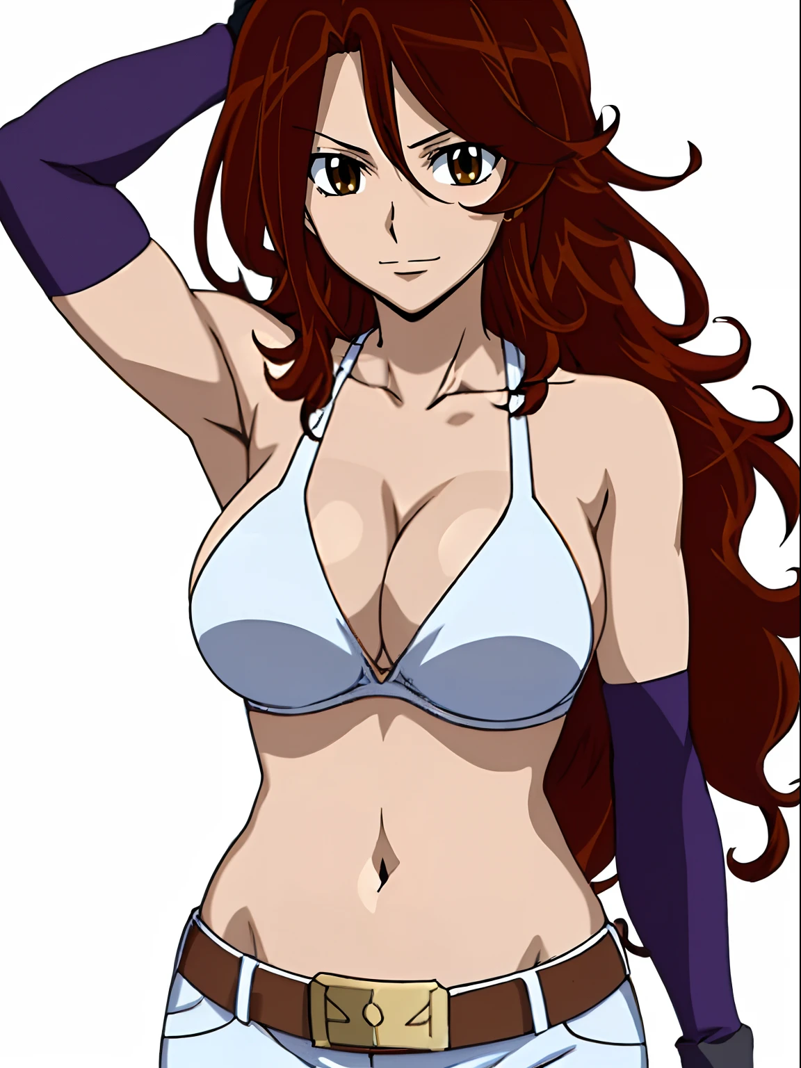 Fighter, Karate stance, ((solo)), Best Quality, hires, curvy midsection, (tilt head, defined weak muscles, detailed muscles), smile, happy), upper body only, anime style: 1.8, anime drawing, ultra detailed face, ultra detailed body, 4k, Sumergai Lee Noriega, (standing), best quality, anime style, hires, highest definition, digital blending, bold drawing lines, (((White Background))), ( (defined muscles), long attractive belly, slim body, ((strong arm muscles)), broad shoulders , off-shoulders, closed fists, (slutty bra, shorts, white gloves, , arm band, (champion belt))), (large breasts, defined cleavage, closed mouth, sexy navel, shiny skin), (big eyes, brown eyes, shiny eyes), (reddish hair, loose hair, curly hair, wavy hair, long hair, floating hair)