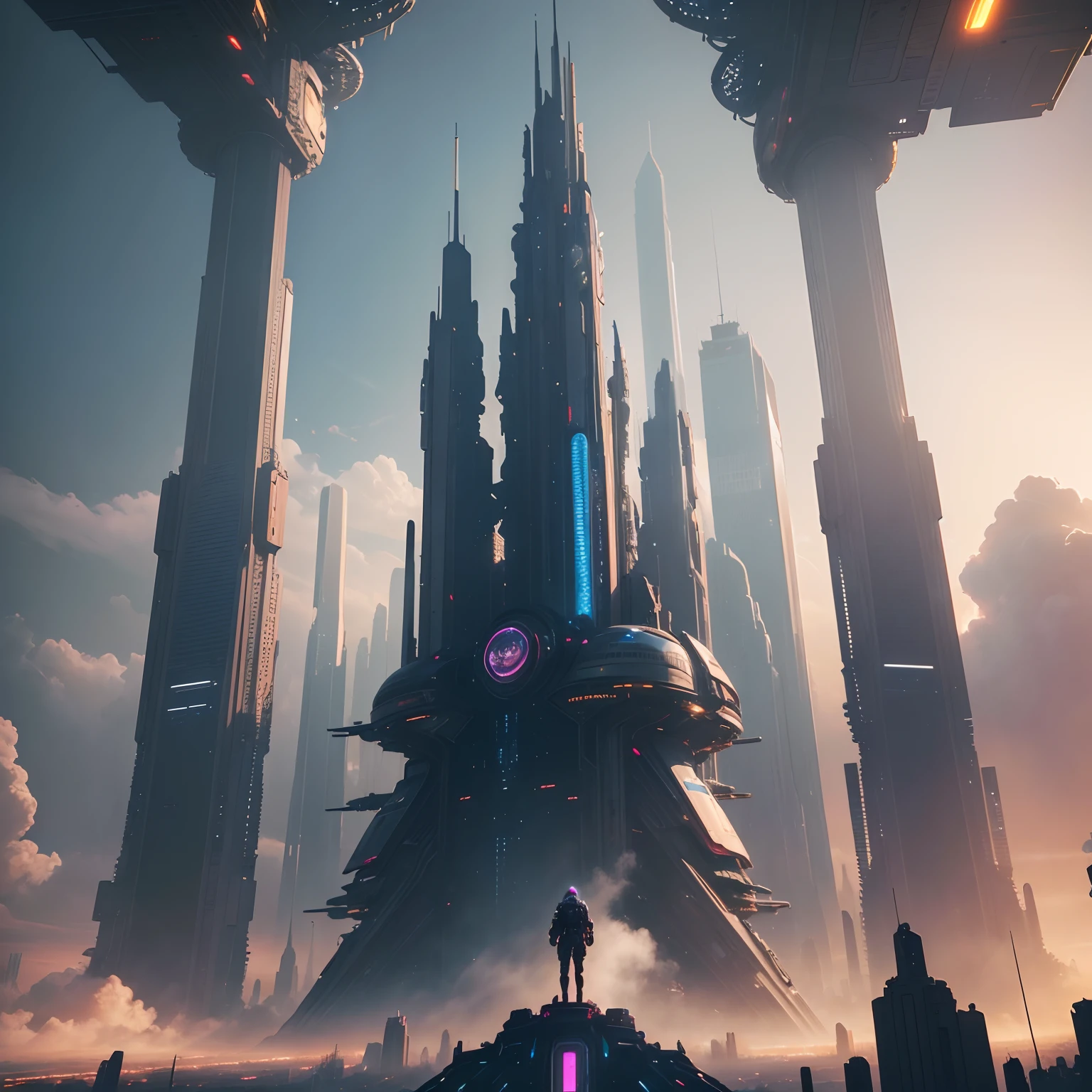 (best quality, highres, masterpiece:1.2), ultra-detailed, realistic:1.37, futuristic, space city, cyberpunk, alien beings, floating in space, towering skyscrapers, space station, 24th century, utopia, Earth, dream world, fantasy, romantic, beautiful city, space city blending cyberpunk and fantasy.