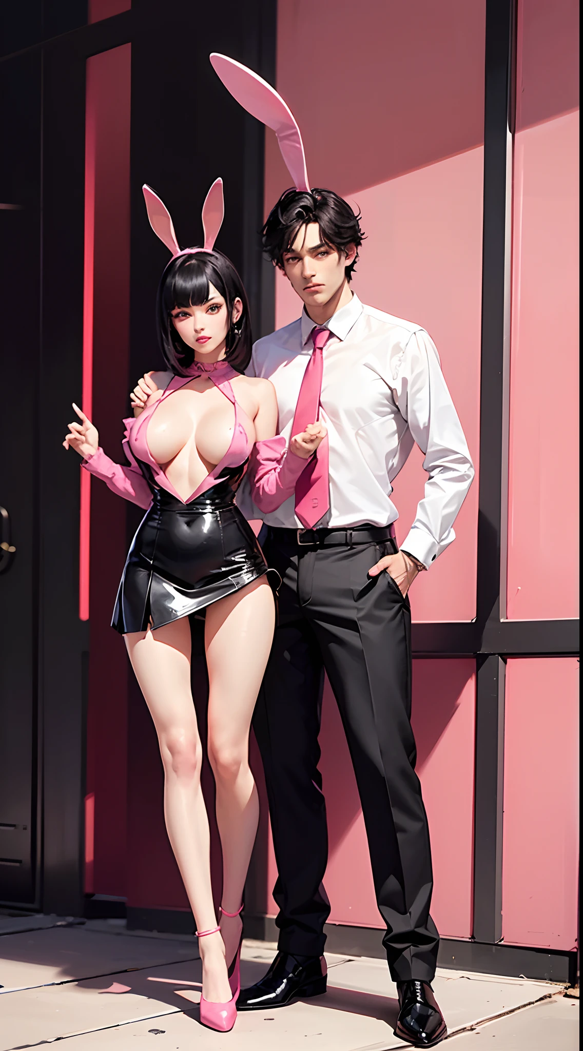 Black hair, Pink eyes, A girl who wearing iest outfit, Showing her half-brelack short mini skirt, Pink stockings, Pink glass heels, Long legs, Rabbit ears, Showing half-ass, Seduce look, Showing belly, Showing half-, Full body, Kinky, A man ing behind her and he is grabbing her breasts with his h