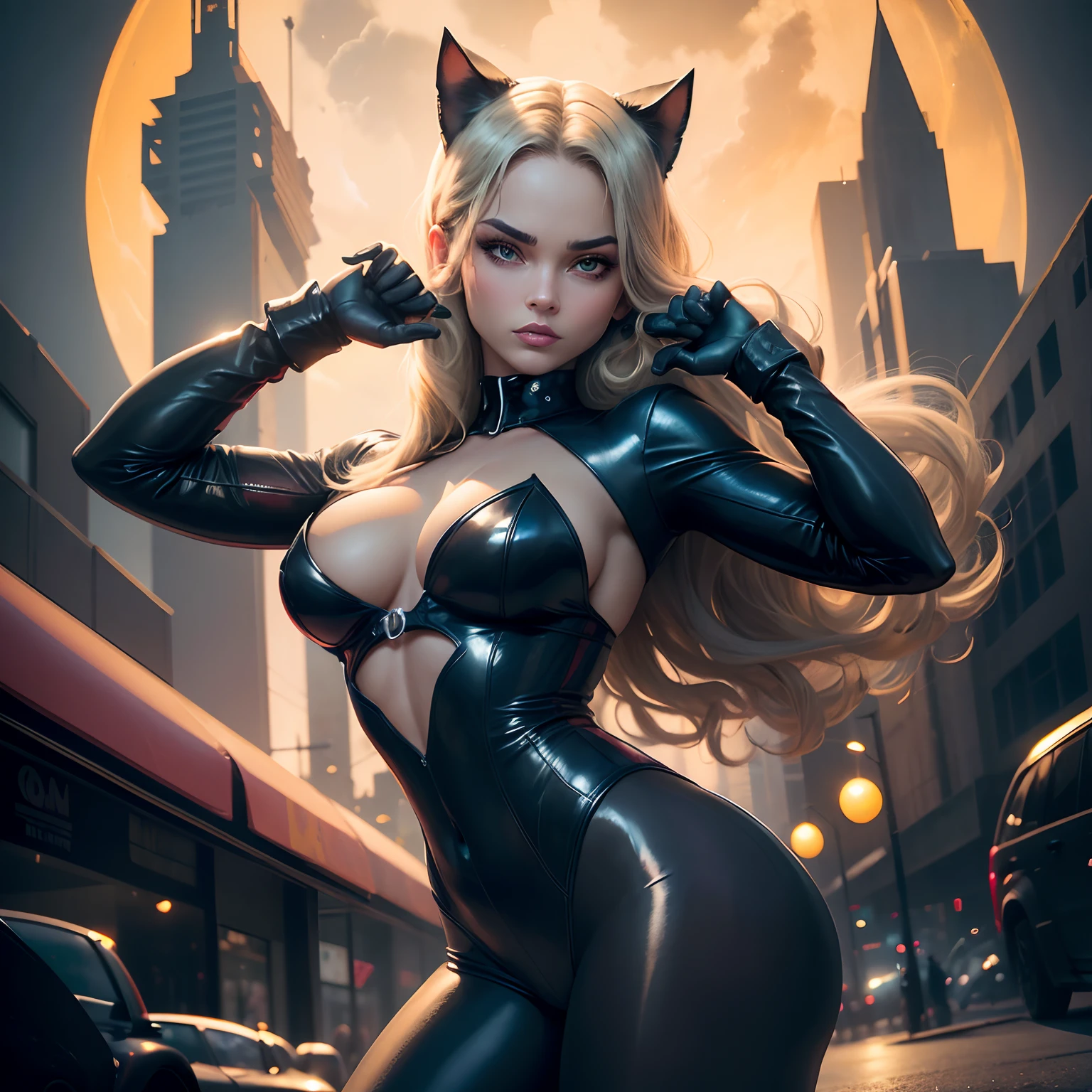 (La mejor calidad,Ultra detallado,realista),Catwoman Style Gloves,Guantes negros,garras afiladas,textura de cuero,Vista de primer plano,pose expresiva,fondo oscuro,Studio lighting,vivid colors,Catwoman Aesthetics