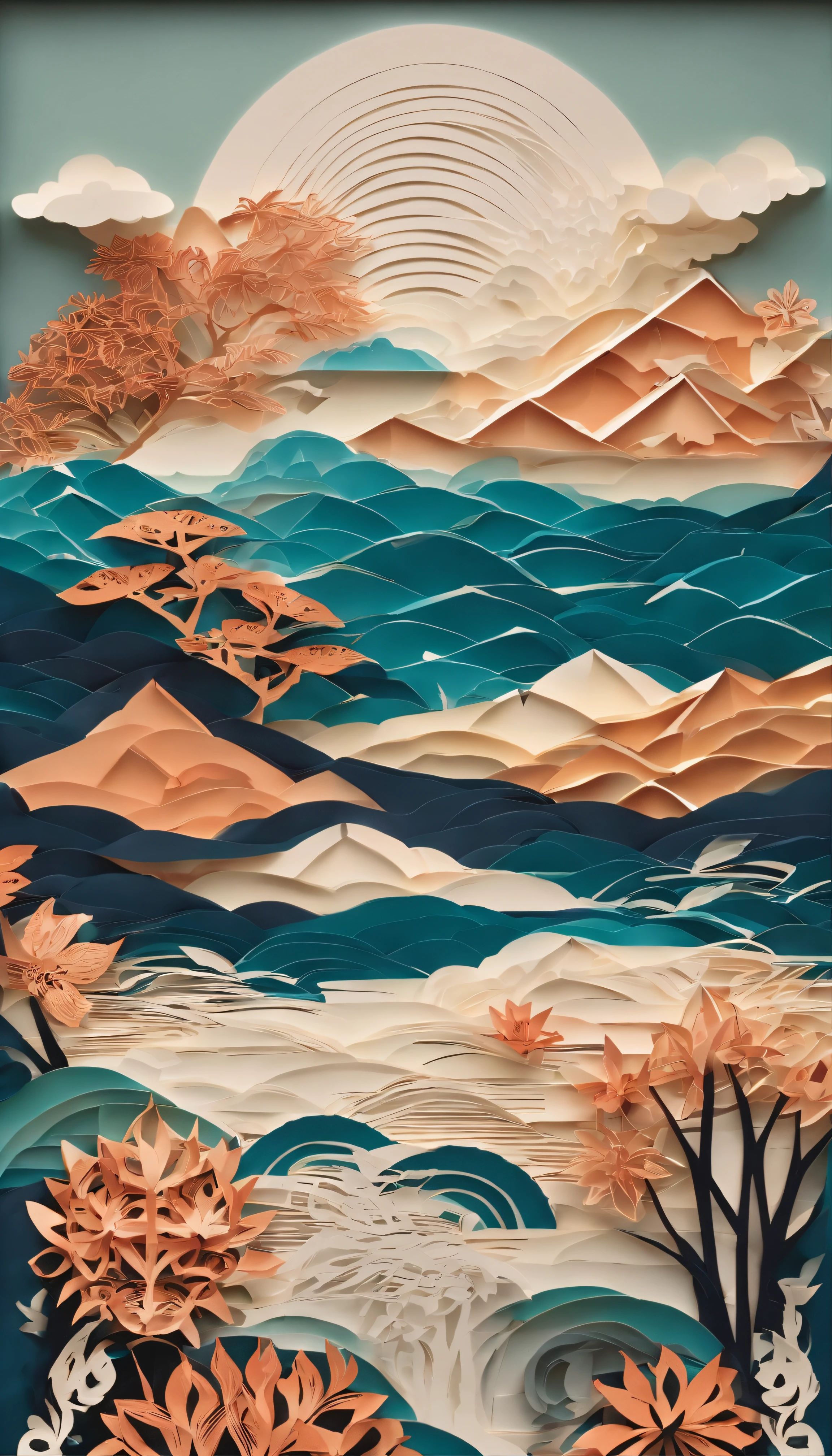 "Create a library of intricate and delicate papercut art featuring intricate floral patterns, geometric shapes, and abstract designs in vibrant colors. The art should be inspired by traditional papercutting techniques from various cultures and time periods, while also incorporating modern design elements. The final pieces should be both visually stunning and thought-provoking, exploring themes such as the relationship between nature and humanity, the passage of time, and the interconnectedness of all things."