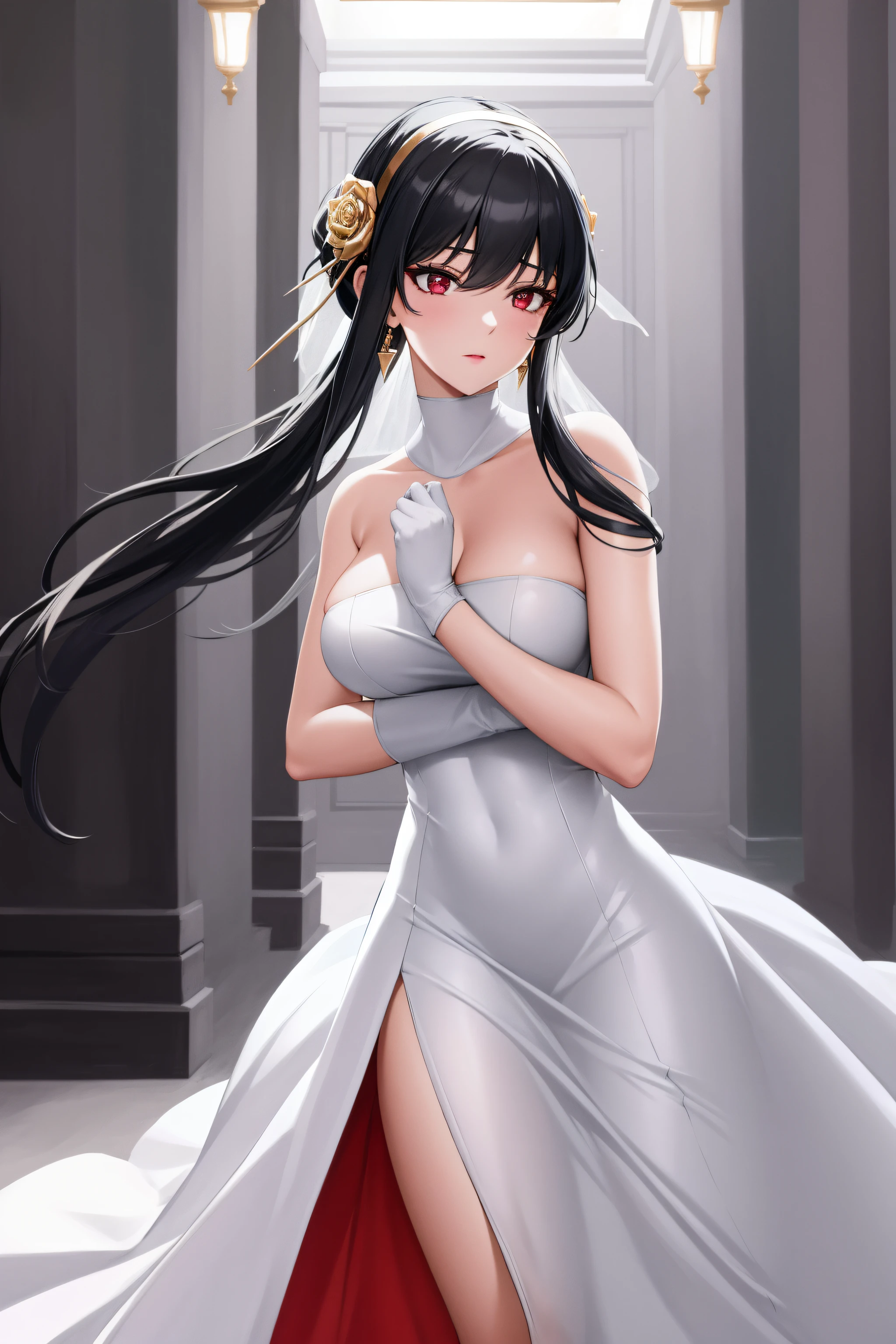in a dark room with columns and lights behind her,
Standing, at attention,
wearing white_dress,wedding_dress,bridal_veil,bare_shoulders,elbow_gloves,
aayorf, sidelocks, gold hairband, hair ornament, red eyes, gold earring,
1 girl, 20yo,mature female,Beautiful Finger,Beautiful long legs,Beautiful body,Beautiful Nose,Beautiful character design, perfect eyes, perfect face,
looking at viewer,
NSFW,official art,extremely detailed CG unity 8k wallpaper, perfect lighting,Colorful, Bright_Front_face_Lighting,
(masterpiece:1.0),(best_quality:1.0), ultra high res,4K,ultra-detailed,
photography, 8K, HDR, highres, absurdres:1.2, Kodak portra 400, film grain, blurry background, bokeh:1.2, lens flare, (vibrant_color:1.2)
(Beautiful,medium_Breasts:1.4), (beautiful_face:1.5),(narrow_waist),(perfect hands, perfect anatomy),
