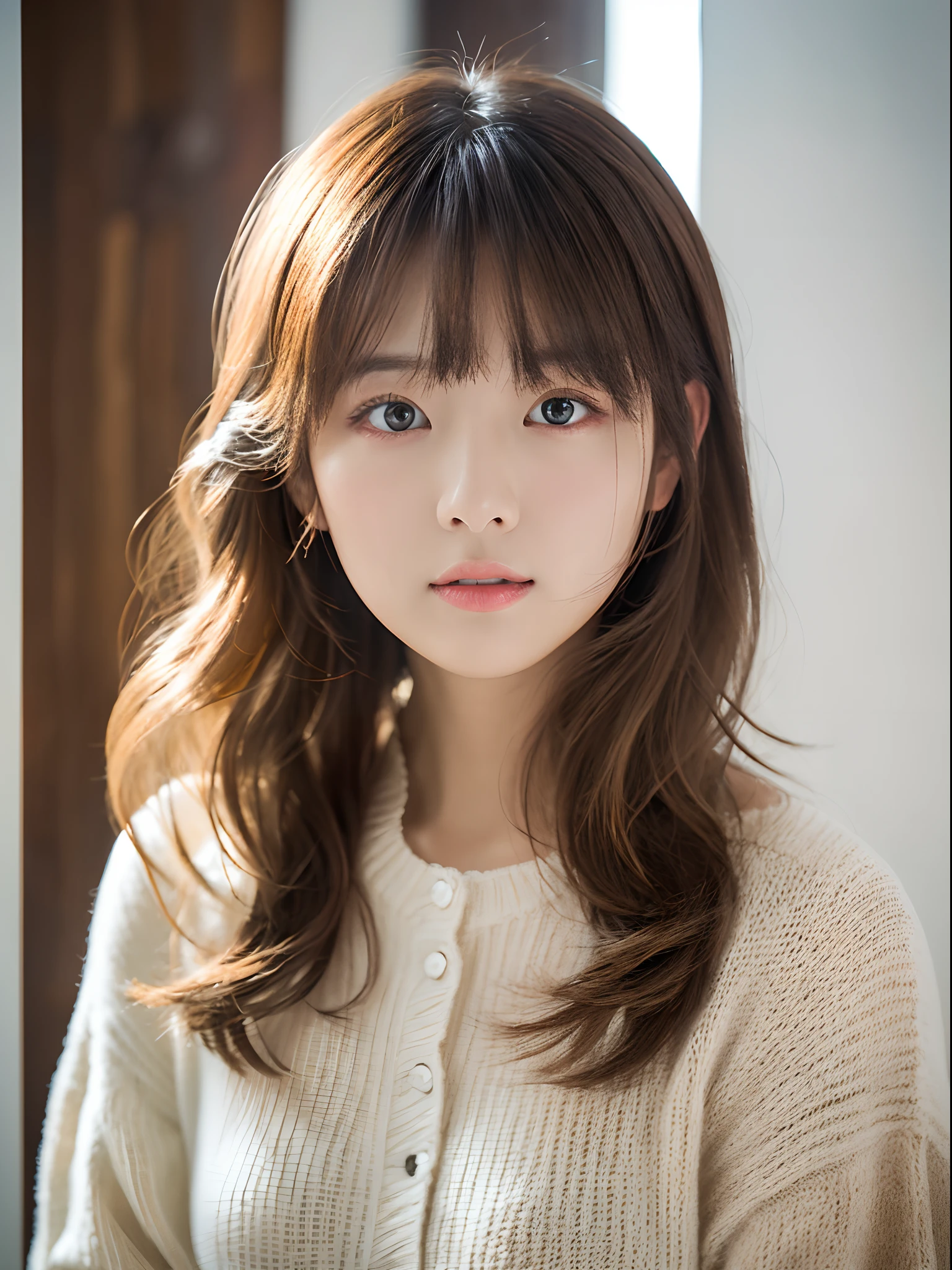 ((masterpiece:1.4、top-quality))、(photographrealistic:1.4)、profetional lighting、physically-based renderingt,Medium Hair,hair wavy、extra detailed face、Detailed skin、(Beautiful japanese girl:1.05)、thin bunches of bangs、knit、White Room、white walls