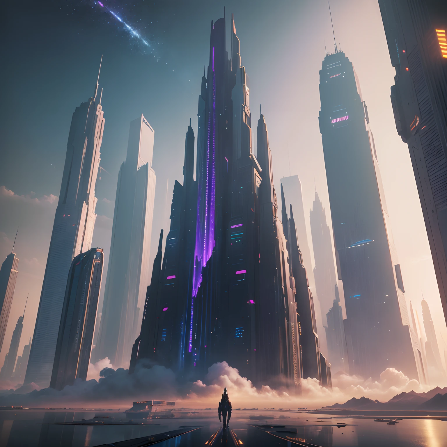 (best quality, highres, masterpiece:1.2), ultra-detailed, realistic:1.37, futuristic, space city, cyberpunk, alien beings, floating in space, towering skyscrapers, space station, 24th century, utopia, Earth, dream world, fantasy, romantic, beautiful city, space city blending cyberpunk and fantasy.