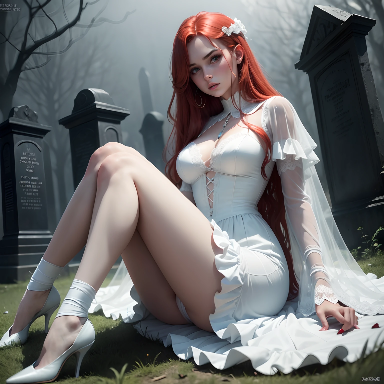 Cinematic footage of Mario Bava's horror movie, Full Medium Close-up, Gorgeous 18-year-old woman resembling Bella Thorne, long red hair, soft pale skin, Pretty and young々Shishi Face, Well-defined eyebrows, Light blue eyes, delicate nose, plump round lips, thin and long legs,White high heels,Walk through the Gothic cemetery at night in a white wedding middle dress, Foggy and rainy conditions, Ghostly atmosphere, 1600s, (high skin detail: 1.2), Ultra-detailed, Photorealsitic, depth of fields, Cinematic lighting, IMAX Camera, nffsw, nffsw, Full-HD, 8K,Sitting in a tattered chair,Sitting on the grave,open one's legs,white panty,