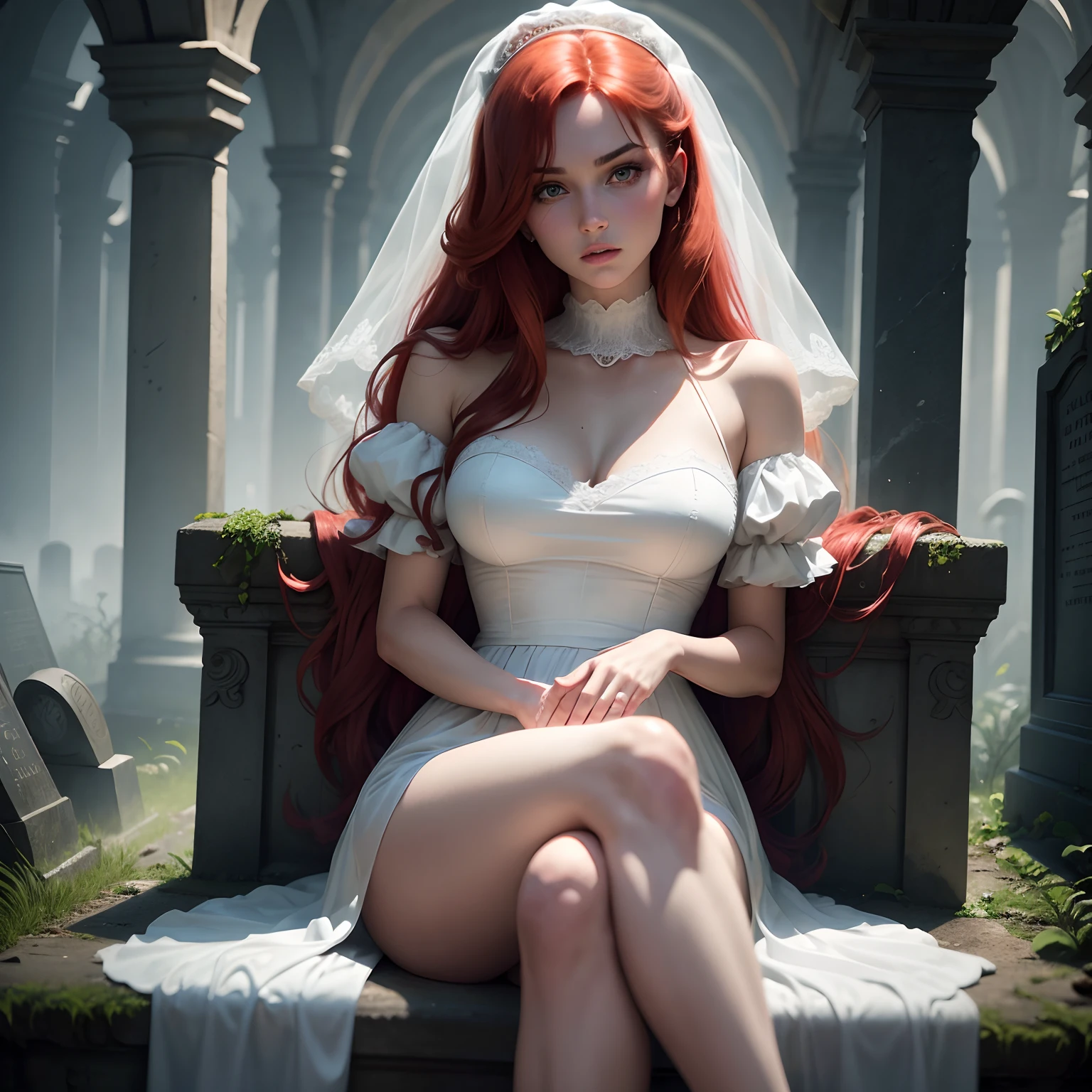 Cinematic footage of Mario Bava's horror movie, Full Medium Close-up, Gorgeous 18-year-old woman resembling Bella Thorne, long red hair, soft pale skin, Pretty and young々Shishi Face, Well-defined eyebrows, Light blue eyes, delicate nose, plump round lips, thin and long legs,White high heels,Walk through the Gothic cemetery at night in a white wedding middle dress, Foggy and rainy conditions, Ghostly atmosphere, 1600s, (high skin detail: 1.2), Ultra-detailed, Photorealsitic, depth of fields, Cinematic lighting, IMAX Camera, nffsw, nffsw, Full-HD, 8K,Sitting in a tattered chair,Sitting on the grave,open one's legs,White panty,