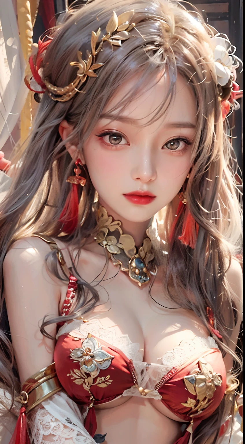 Ultra realistic 8K CG, Picture-perfect face, flawless, clean, masutepiece, Professional artwork, famousartwork, Cinematic lighting, Cinematic bloom, Perfect face,(年轻:1.2)(Voluptuous),((20yr old)), Beautiful face, Beautiful eyes,(:1.1), (((Perfect female body, Narrow waist))), young princess, royal, divine, Goddess, godlike, (the royal palace), Fantasy, Dreams, Unreal, Science fiction, (Normal breasts:1.2), Beautiful clothes, Lace, Lace trim, Lace-trimmed legwear, NSFW,, absurdly long hair, Very long hair, (Rich:1.4), Necklace, earrings, Bracelet, armlet, Looking at Viewer,(thong:1), (There are up to 5 fingers on the hand), (Red Lip), shenhe \(GenshinImpact\)