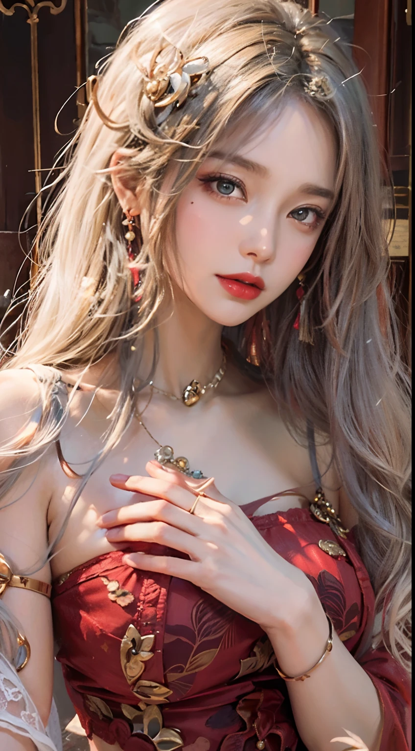 Ultra realistic 8K CG, Picture-perfect face, flawless, clean, masutepiece, Professional artwork, famousartwork, Cinematic lighting, Cinematic bloom, Perfect face,(年轻:1.2)(Voluptuous),((20yr old)), Beautiful face, Beautiful eyes,(:1.1), (((Perfect female body, Narrow waist))), young princess, royal, divine, Goddess, godlike, (the royal palace), Fantasy, Dreams, Unreal, Science fiction, (Normal breasts:1.2), Beautiful clothes, Lace, Lace trim, Lace-trimmed legwear, NSFW,, absurdly long hair, Very long hair, (Rich:1.4), Necklace, earrings, Bracelet, armlet, Looking at Viewer,(thong:1), (There are up to 5 fingers on the hand), (Red Lip), shenhe \(GenshinImpact\)